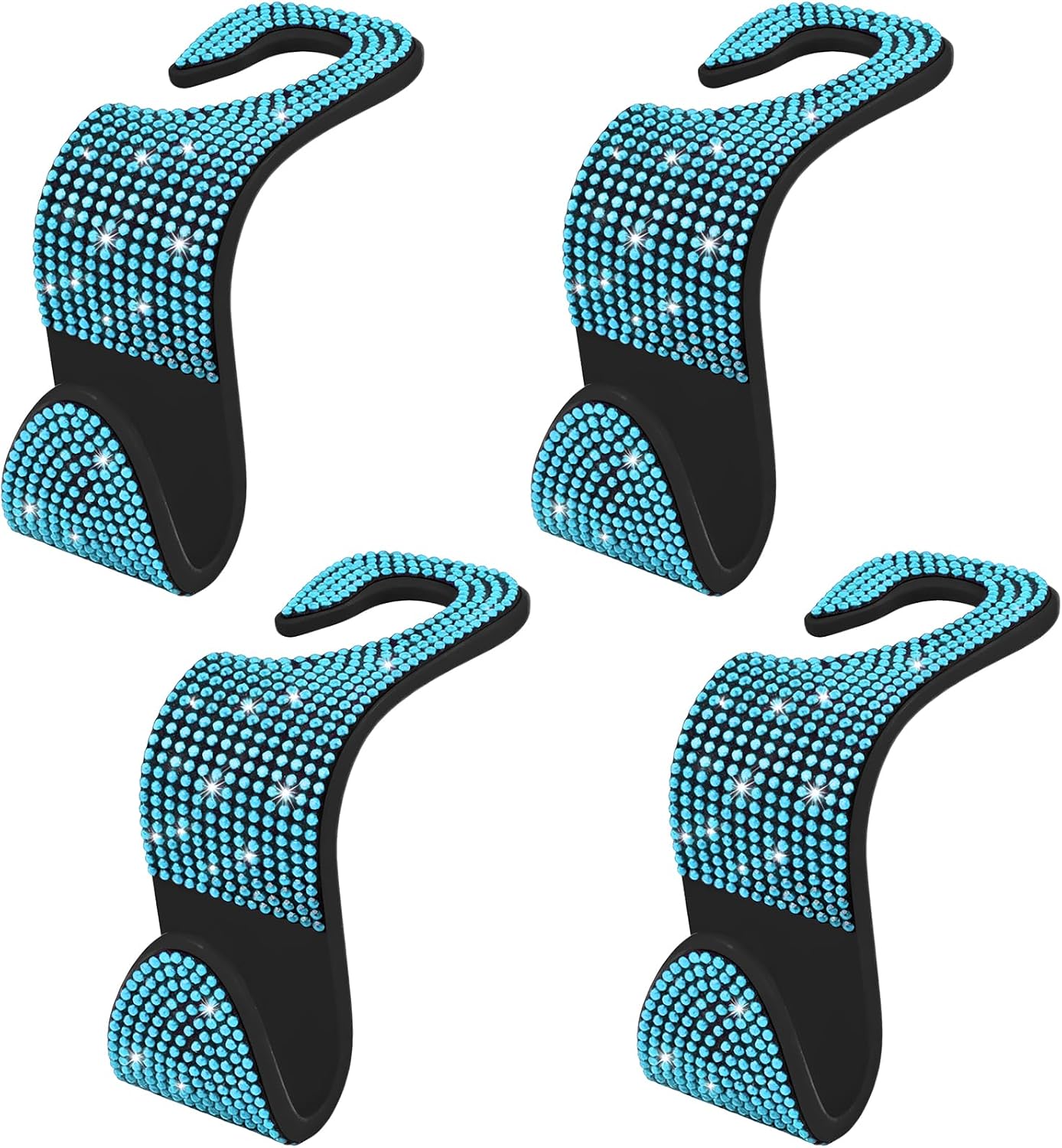 4PCS Bling Car Seat Headrest Hooks, Purse Holder for Car, Vehicle Back Seat Purse Handbag Hanging Holder with Crystal Rhinestone, Diamond Car Rear Seat Organizer for Vehicles (Lake Blue/Black)