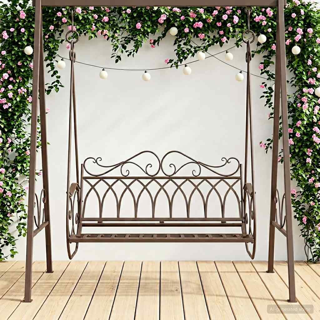 Schaukelbank Stahl Antikbraun 112 x 60 x 126,5 cm Gartenschaukel mit Gestell und Dach wetterfest für Terrasse Veranda draußen Relax Sitzkomfort