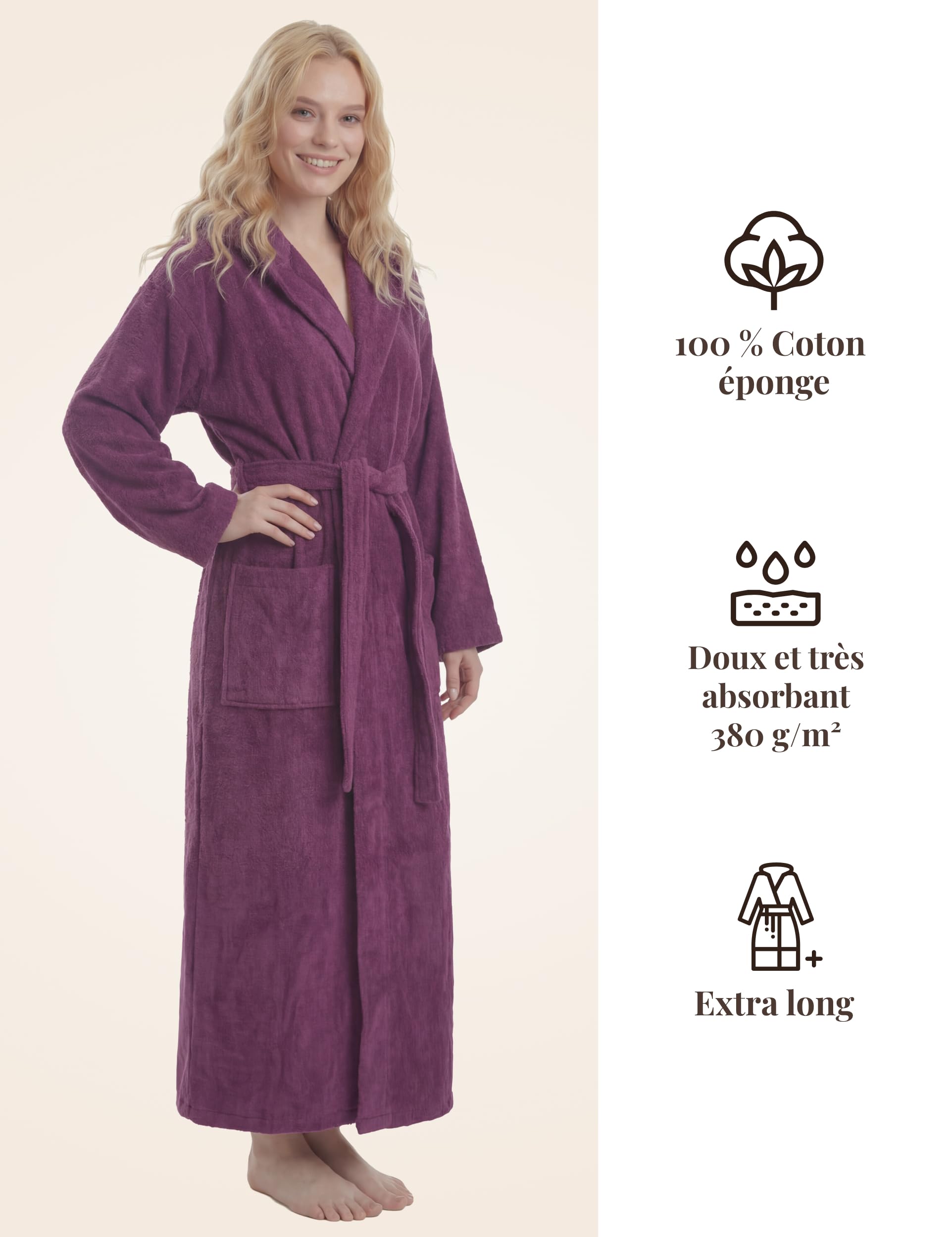 Peignoir Femme Extra Long à Capuche – 100% Coton Éponge 380 g/m² – Robe de Bain Sauna et Spa, Long jusqu’aux Chevilles, Doux et Absorbant, Tailles S–XXL