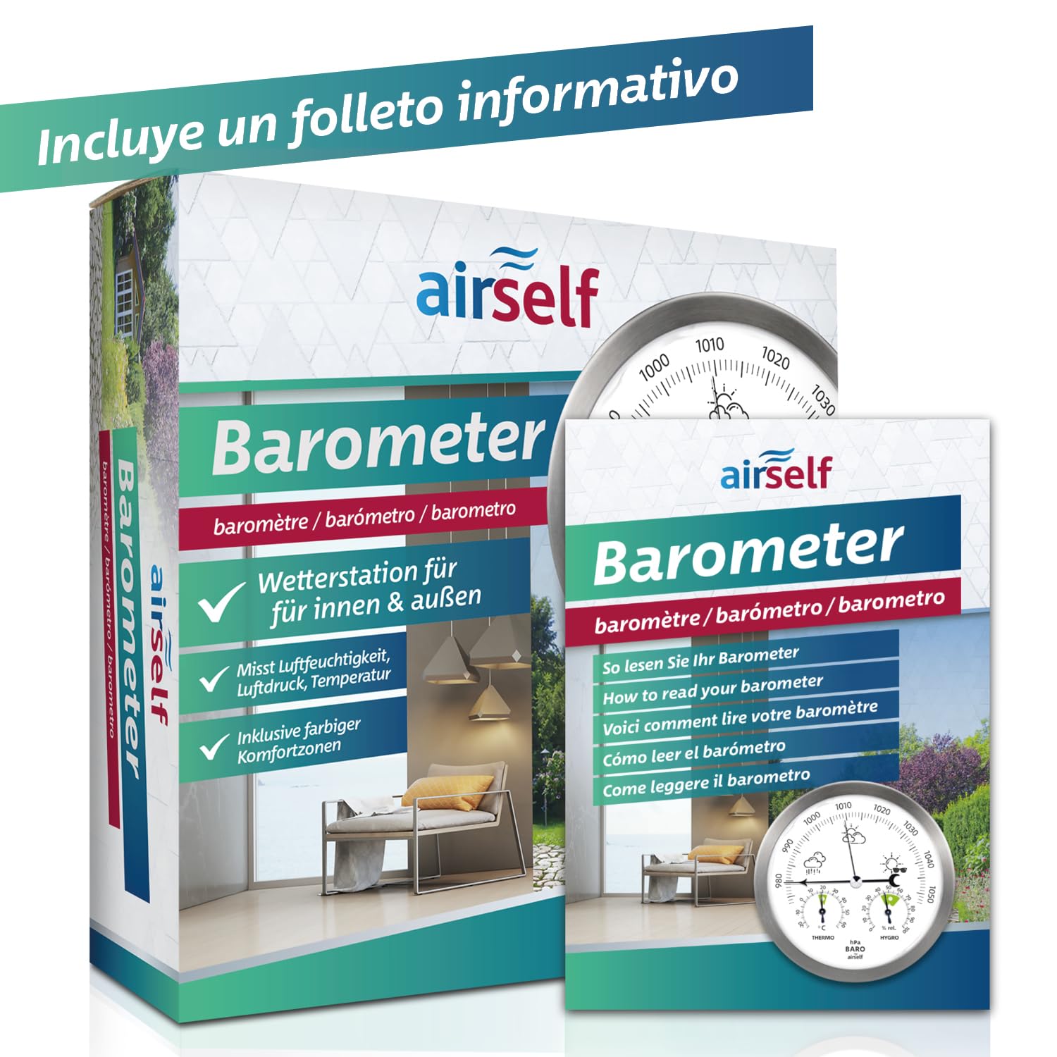 airself Estación meteorológica analógica para Interiores y Exteriores - con barómetro, termómetro, higrómetro - Acero Inoxidable