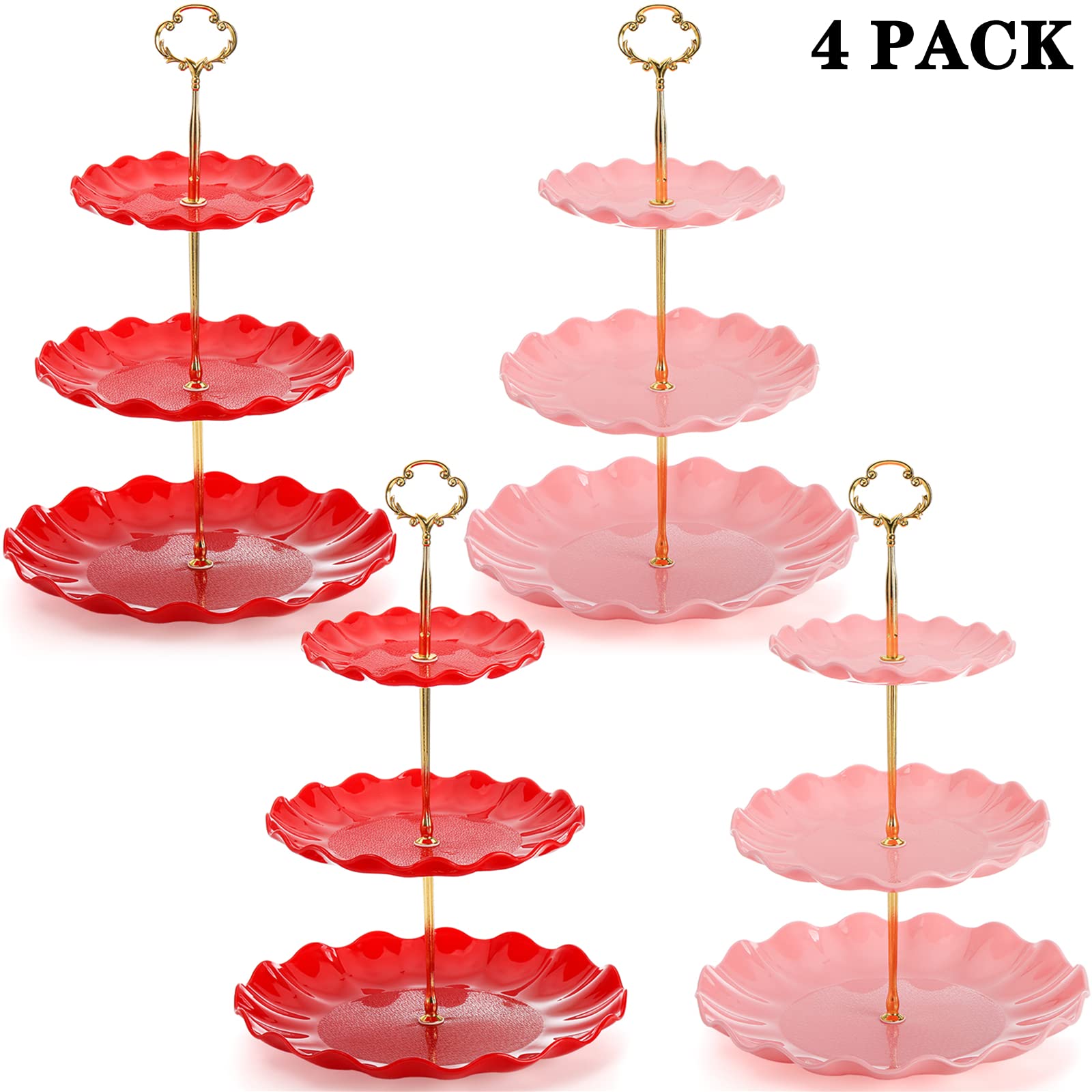 DEAYOU Paquete de 4 soportes para cupcakes de 3 niveles, torre de exhibición de postres de plástico, bandejas escalonadas para servir tartas con varilla dorada, bandeja para pastelería para bufé