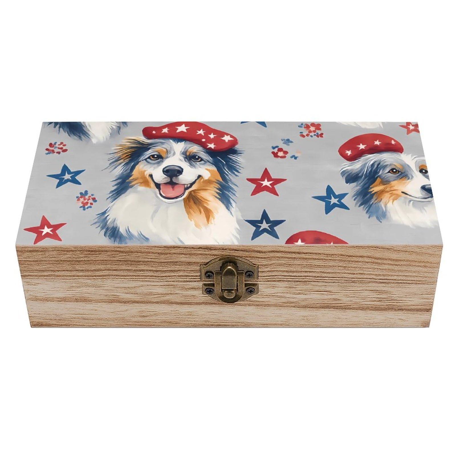 HLBSDM Cute Patriotic Australian Shepherd Retro Wooden Storage Box Jewelry Art Gift Boxs Decorative Keepsake Boxes