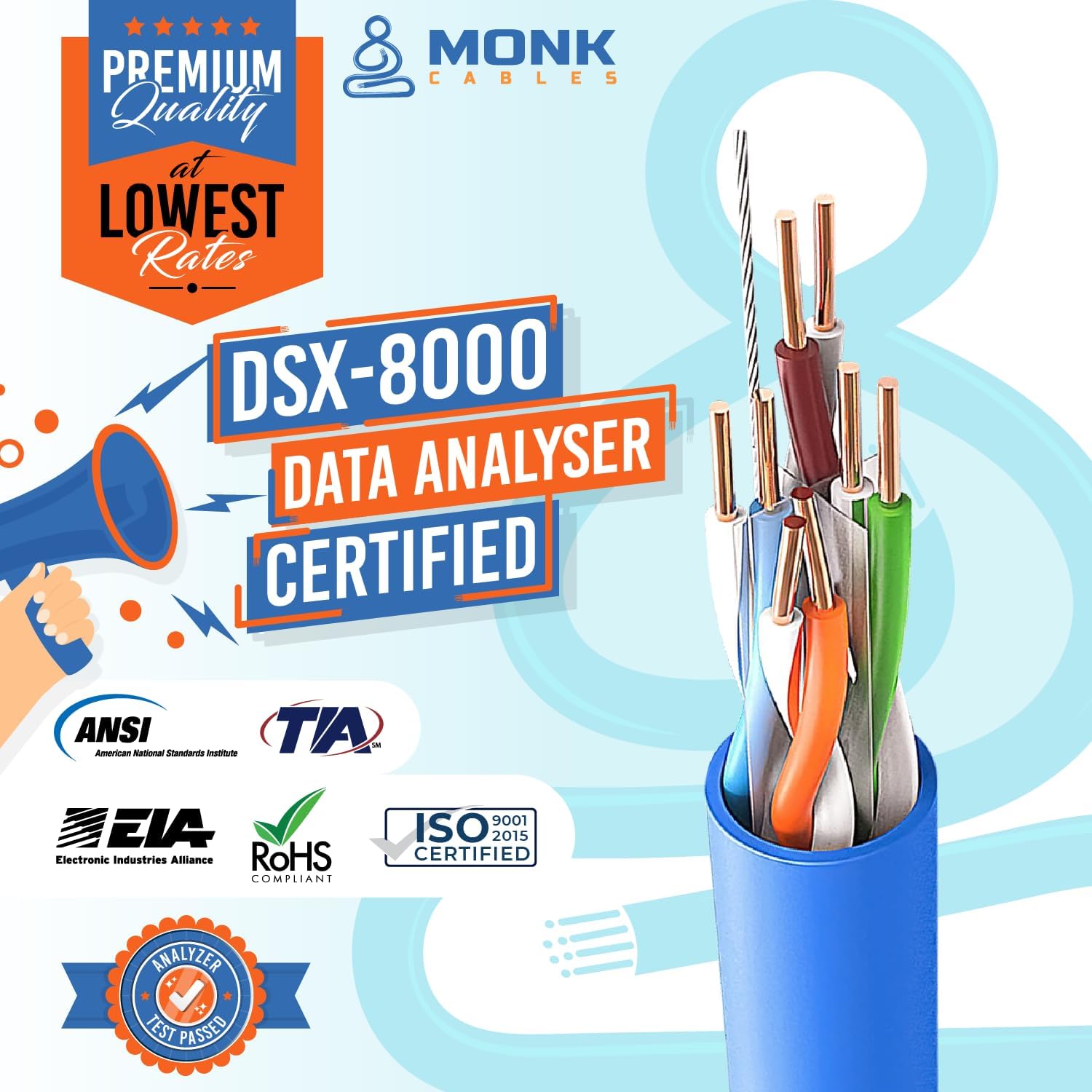 MONK CABLES | CAT6 Plenum Cable 1000ft | UTP, 23AWG, 550MHz | DSX-8000 Certified | Most Certified Cable of The Whole Market (Ice Blue)