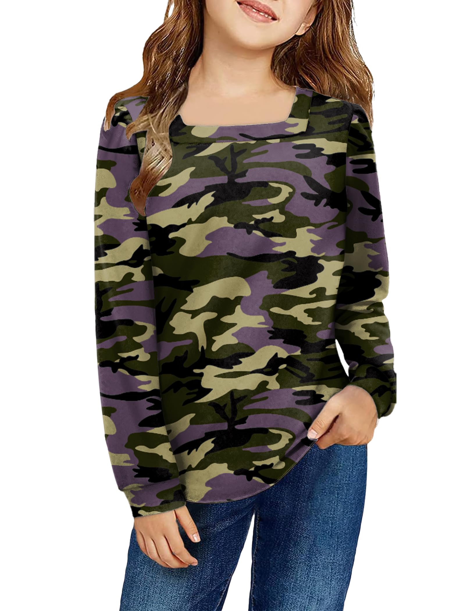 Arshiner Girls Shirt Casual Square Neck Long Sleeve Shirts Fall Winter Tunic Tops For Girls 5-12 Years