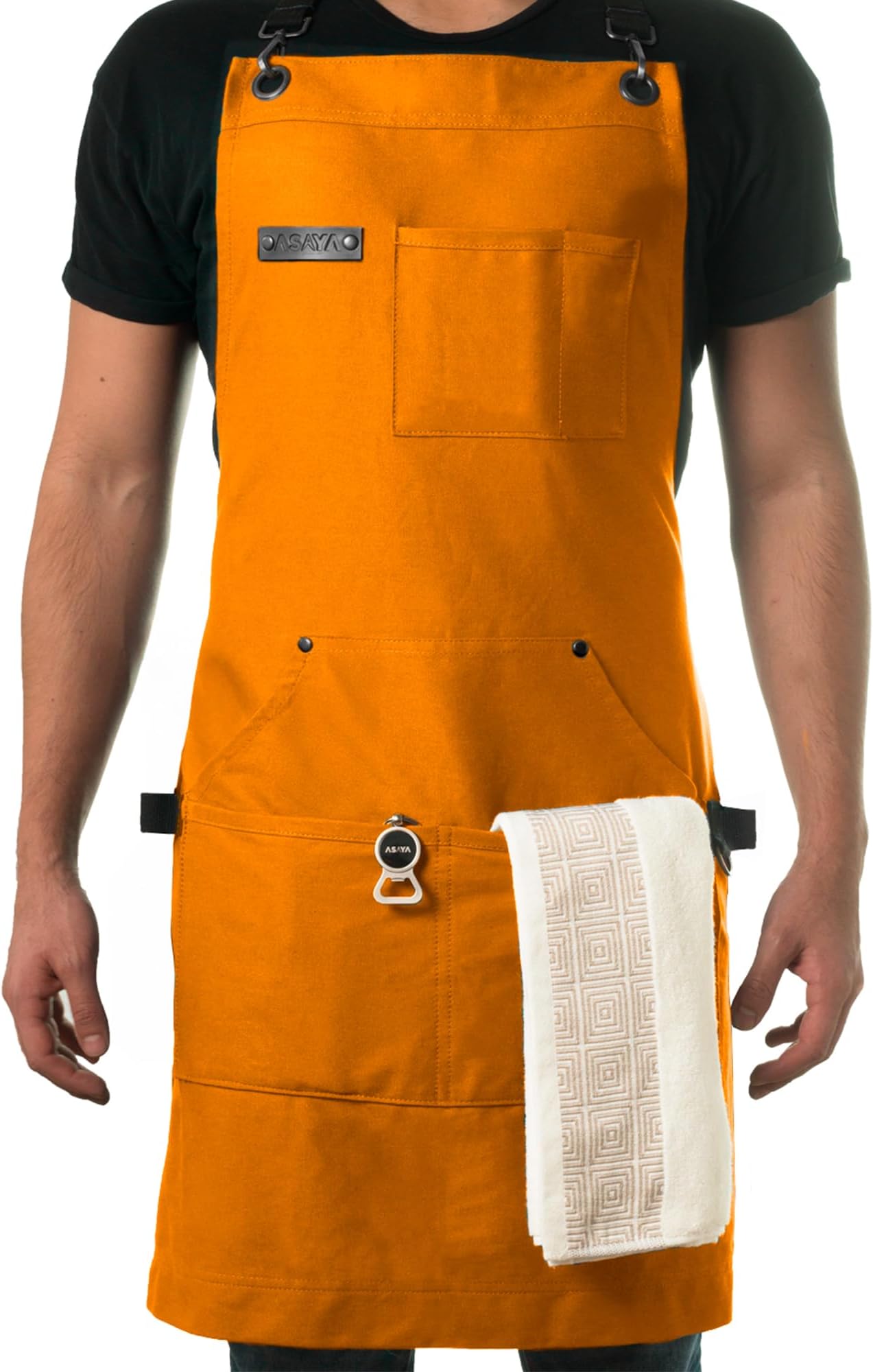 Asaya Chef and BBQ Apron with Bottle Opener and Hand Towel - 10oz Cotton Canvas, Stainless Steel Hardware - Cross Back Straps