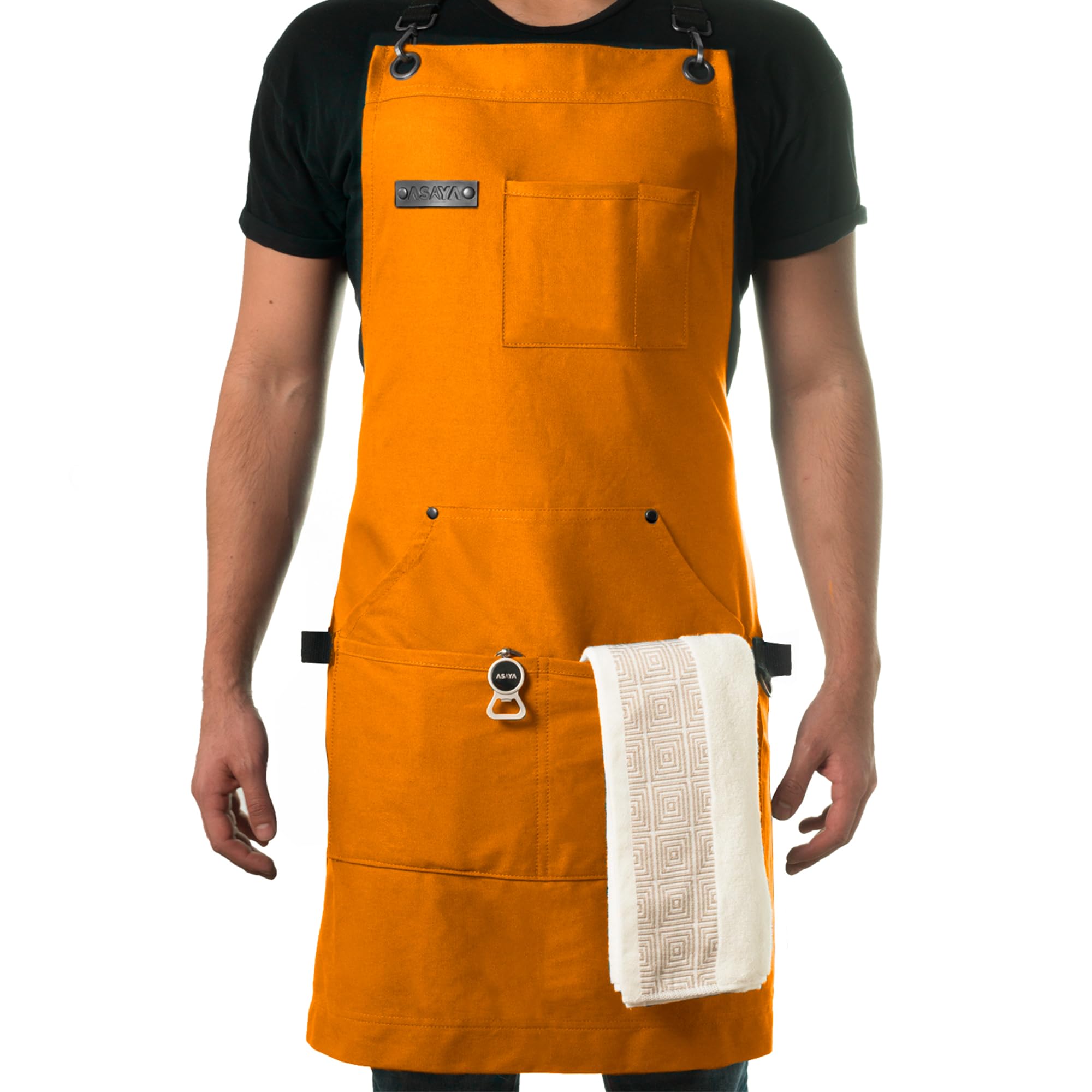 Chef and BBQ Apron with Bottle Opener and Hand Towel - 10oz Cotton Canvas, Stainless Steel Hardware - Cross Back Straps