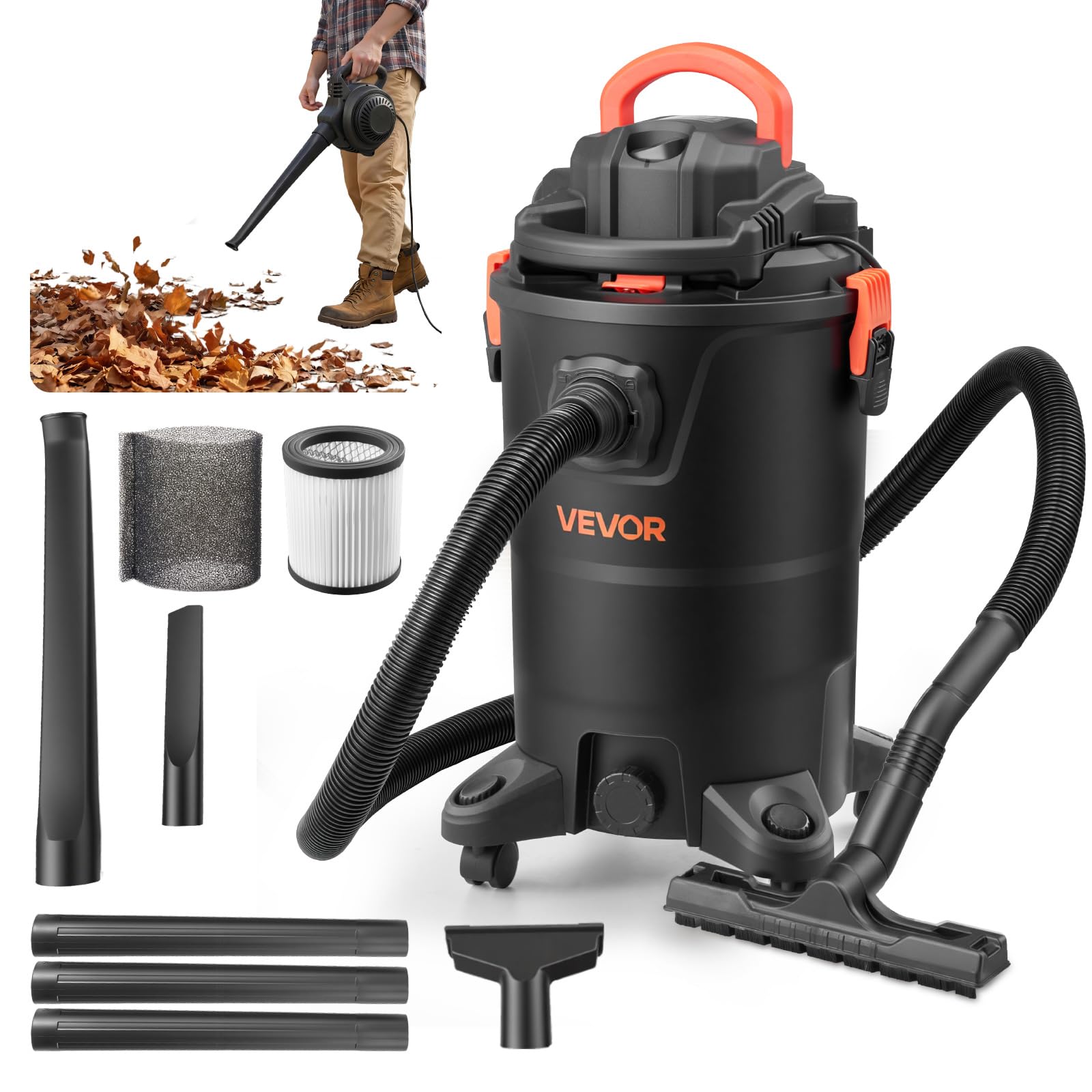 VEVOR 3-in-1 Shop Vac, 8 Gallon Wet Dry Shop Vacuum, 4.5 Peak HP Portable Vacuum Cleaner with Blower, Dual-Filter, 950W Input Power, 1.25in x 7ft Hose, 9.8ft Cord for Jobsite, Workshop, Garage, Home