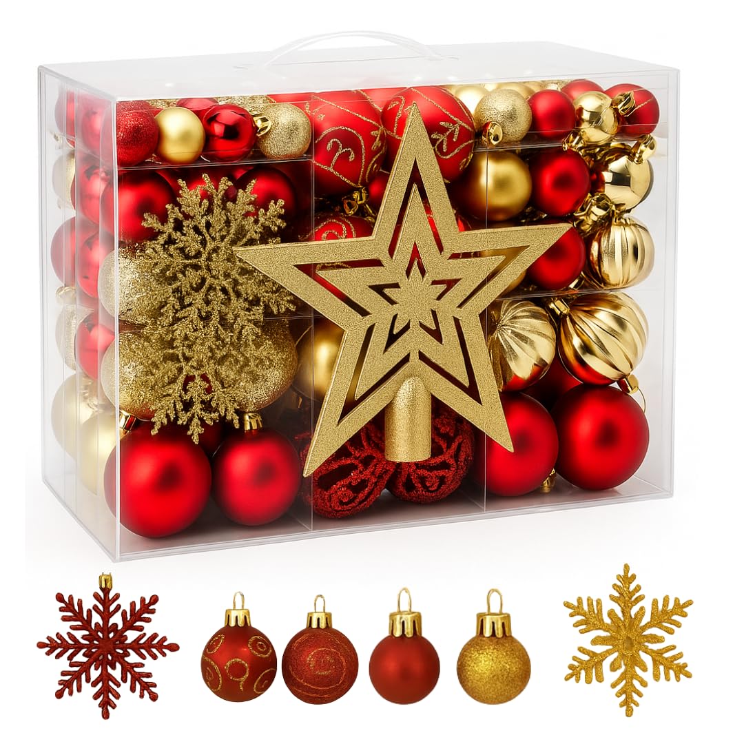 Trendi Red And Gold 106 Pcs Christmas Ball Ornaments Set With Tree Topper – Shatterproof Baubles For Christmas Tree Decorations, Holiday Ornament Set For Home, Party & Festive Décor (Red And Gold)