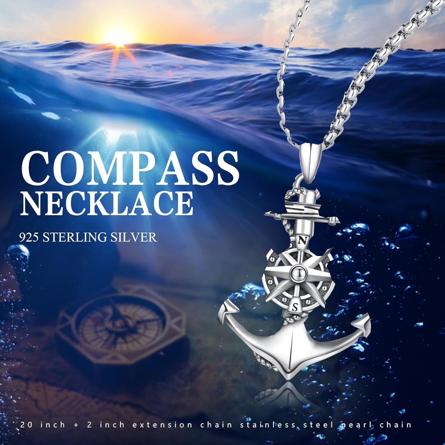 CUOKA Anchor Compass Necklace for Men Women 925 Sterling Silver Nautical Navy Graduation Friendship Travel Talisman Pendant Necklaces Inspirational Anchor Jewelry Gifts for Travelers Graduates Sailors - Image 4