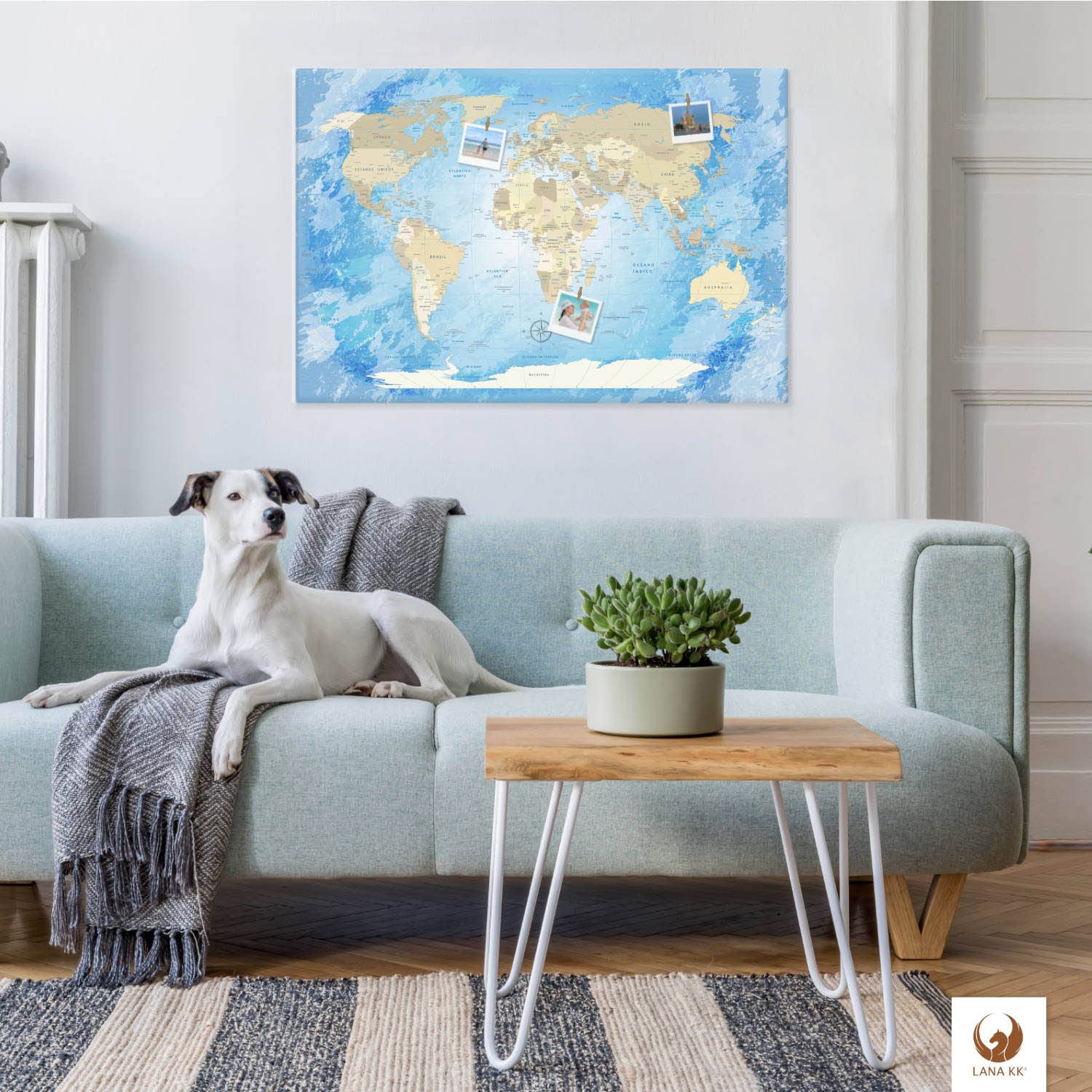 LanaKK World Map Frozen - Planisfero da parete con dorso in sughero e pregiata tela stampata su telaio, dimensioni: 120 x 80 cm, 1 pezzo