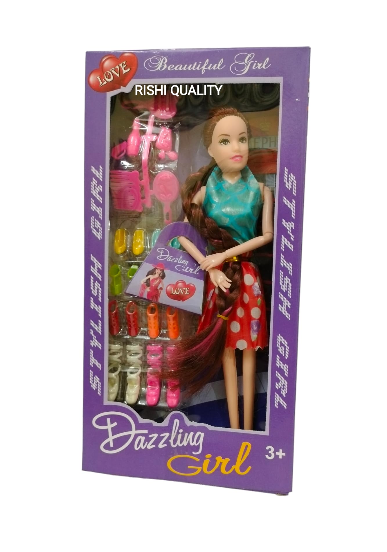 RISHI QUALITY Cute Long Hair Doll Toy with Moveable Arms, Hands for Girl. Doll with Accessoires for Playing. Birthday Return, Wedding, Diwali, Rakshabandhan Gift. (Doll Set)