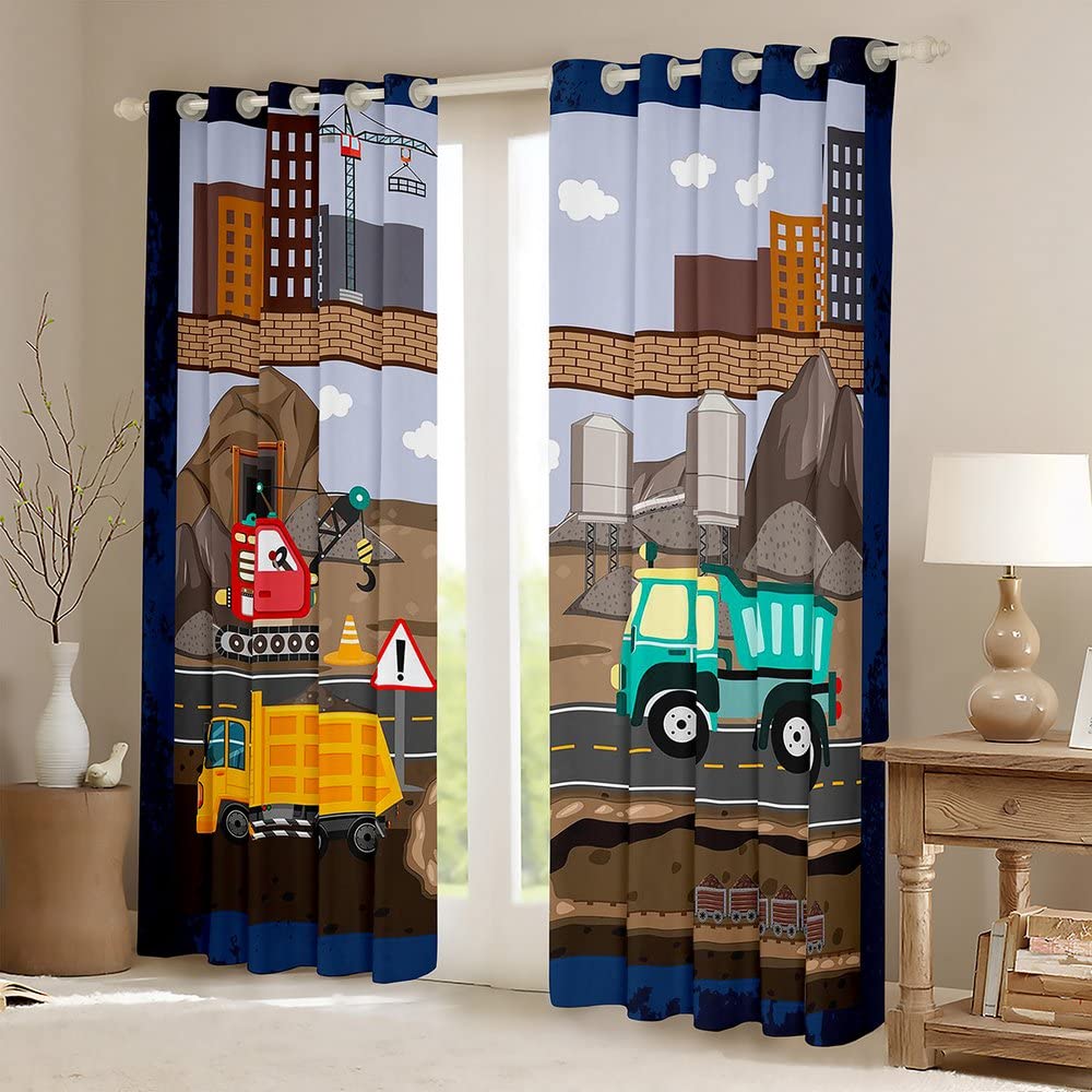 Cortinas Opacas para excavadoras de construcción de Dibujos Animados (30% – 50% – Cortina de vehículos para maquinaria Bulldozer Crane oscurecimiento Ventana Dreapes tratamientos de Ventana W66 x L