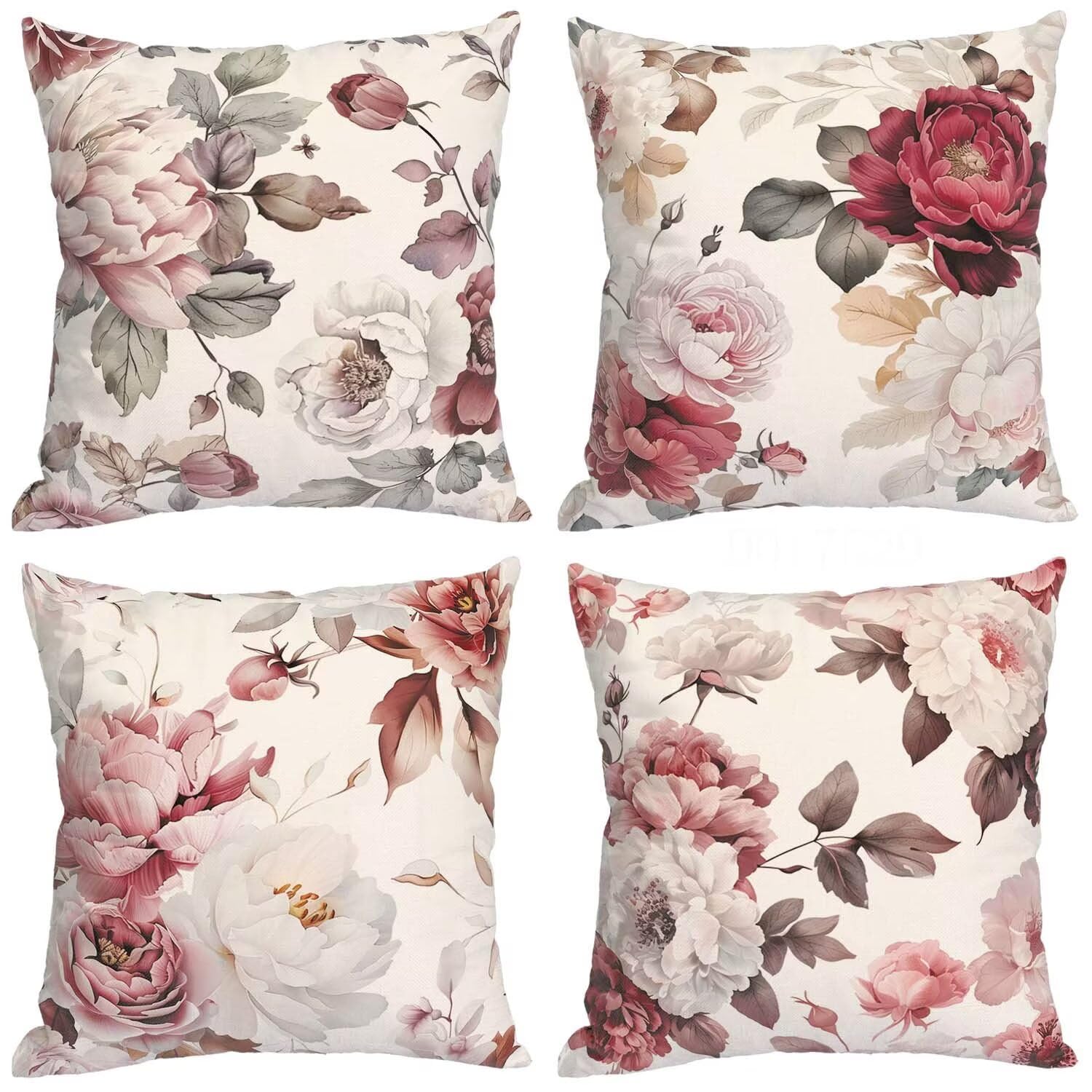 Housse de coussin 50x50cm lot de 4 motifs fleurs et feuilles pour canapé salon
