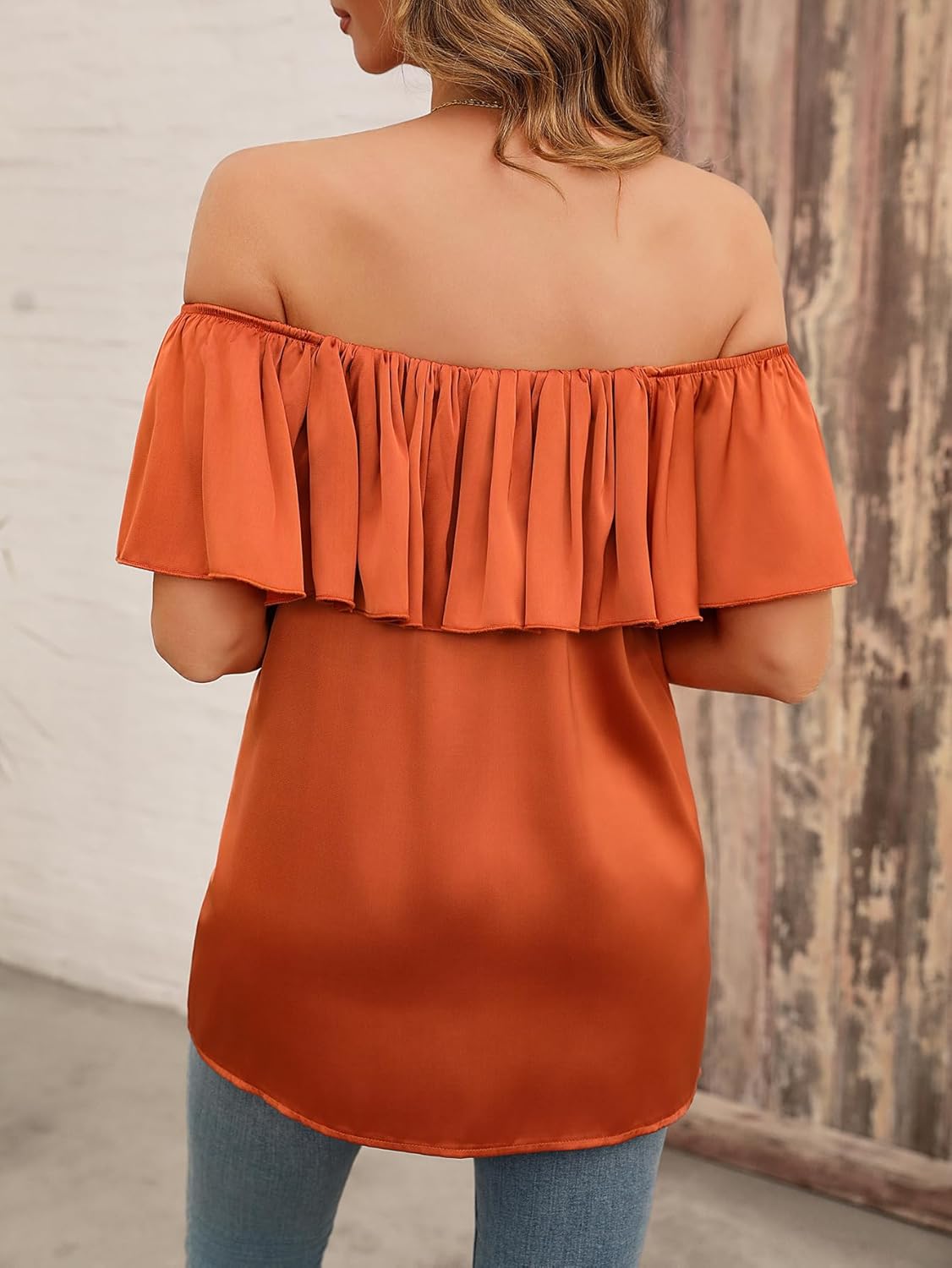 Womens Off Shoulder Satin Ruffle Layered Blouses Silk Short Sleeve Tunic Shirt Casual Tops - Image 6