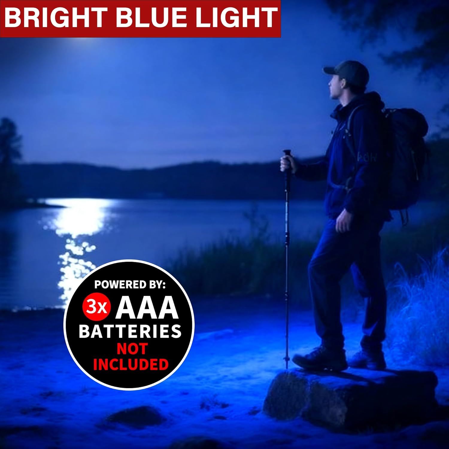 Blue Light Flashlight Single Mode Powerful Bright Blue Flashlights Adjustable Focus for Night Fishing, Hunting, 2 Pack