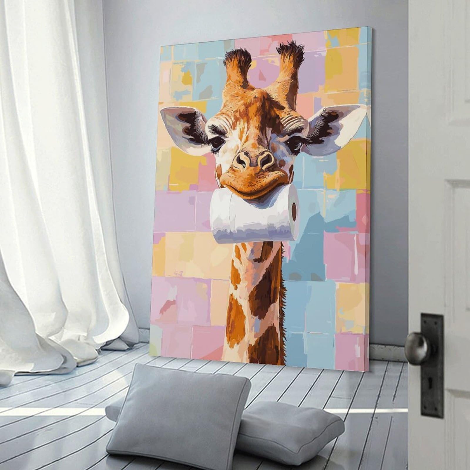 Junmoney Frame-Style-13 Giraffe With Toilet Paper Roll Canvas Art Print 16X24inch(40X60cm), For Apartment Walls, Studios Or Work Areas, An Easy Choice For New Home Styling