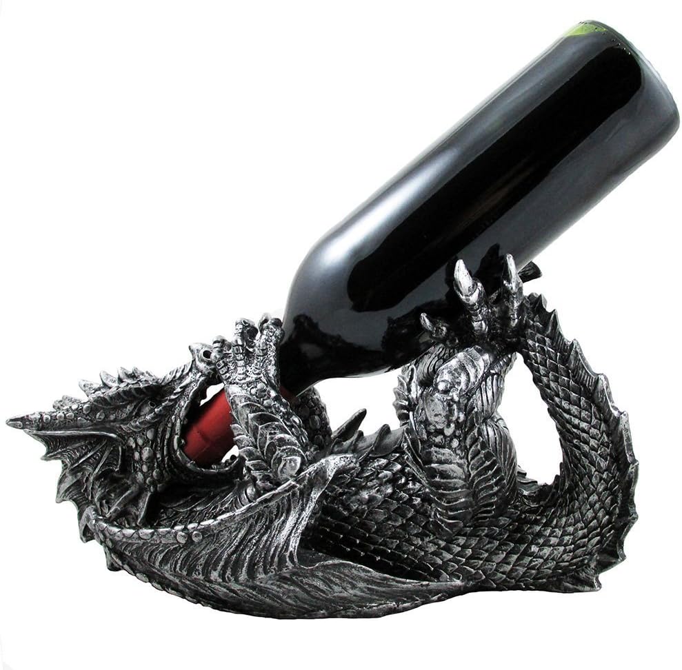 Mythical Dragon Wine Bottle Holder Statue in Medieval & Fantasy Bar or Kitchen Table Decor Sculptures and Decorative Gothic Racks and Stands As Gifts for Wine Lovers