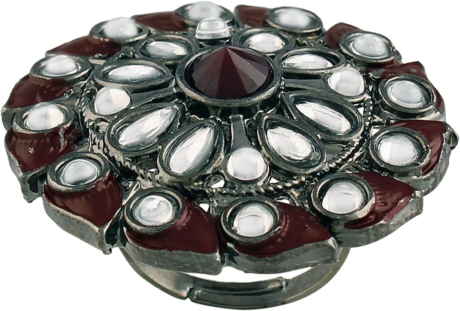 I Jewels Silver Oxidized Indian Wedding Bollywood Kundan Meenakari Work Designer Adjustable Finger Ring for Women (FL199)