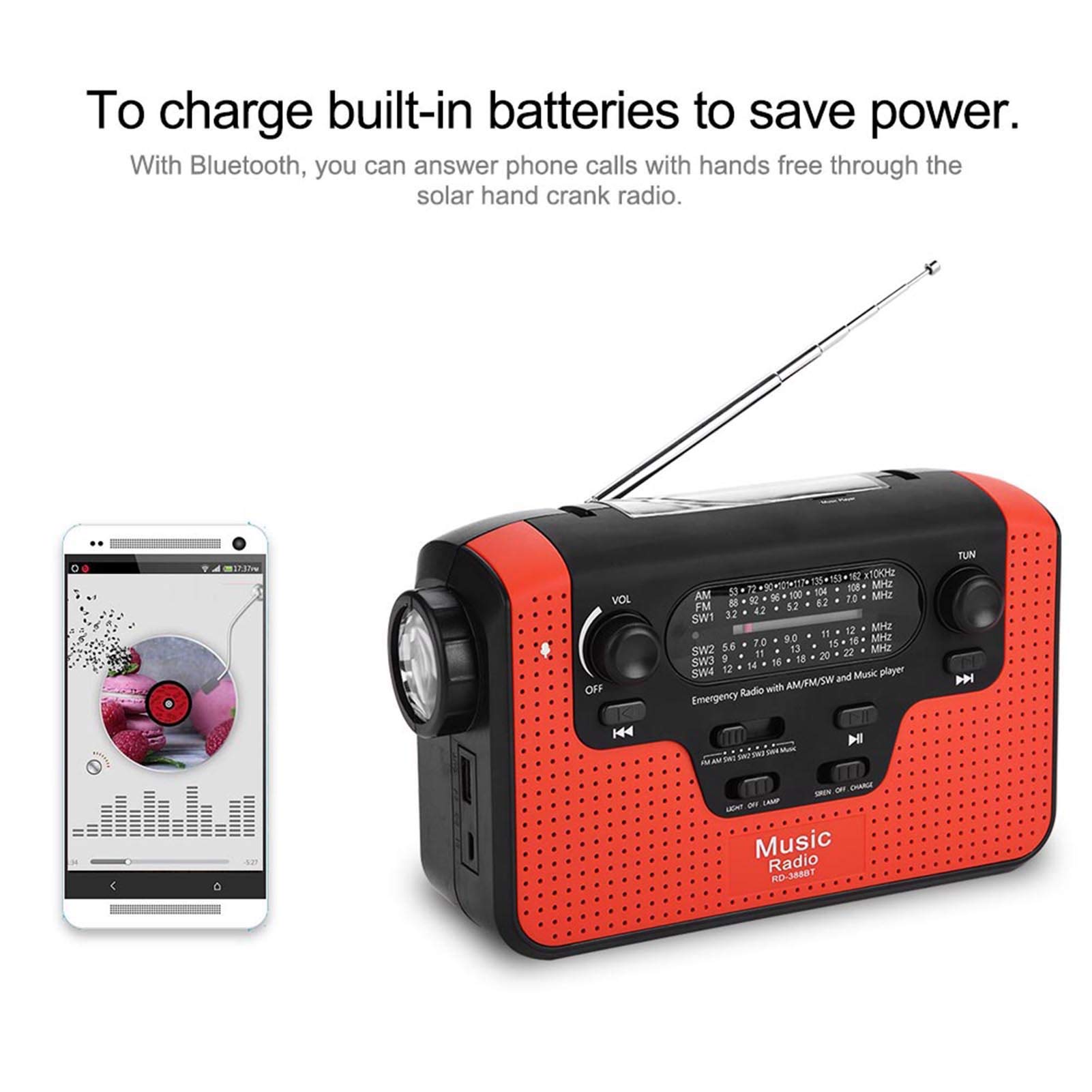 Radio à Manivelle Solaire D'urgence, Radio à Manivelle Solaire RD-388 FM/AM/SW, avec Lampe de Poche LED, Chargeur de Téléphone/appel Mains Libres, pour Extérieur/lecteur de Musique/camping(rouge)