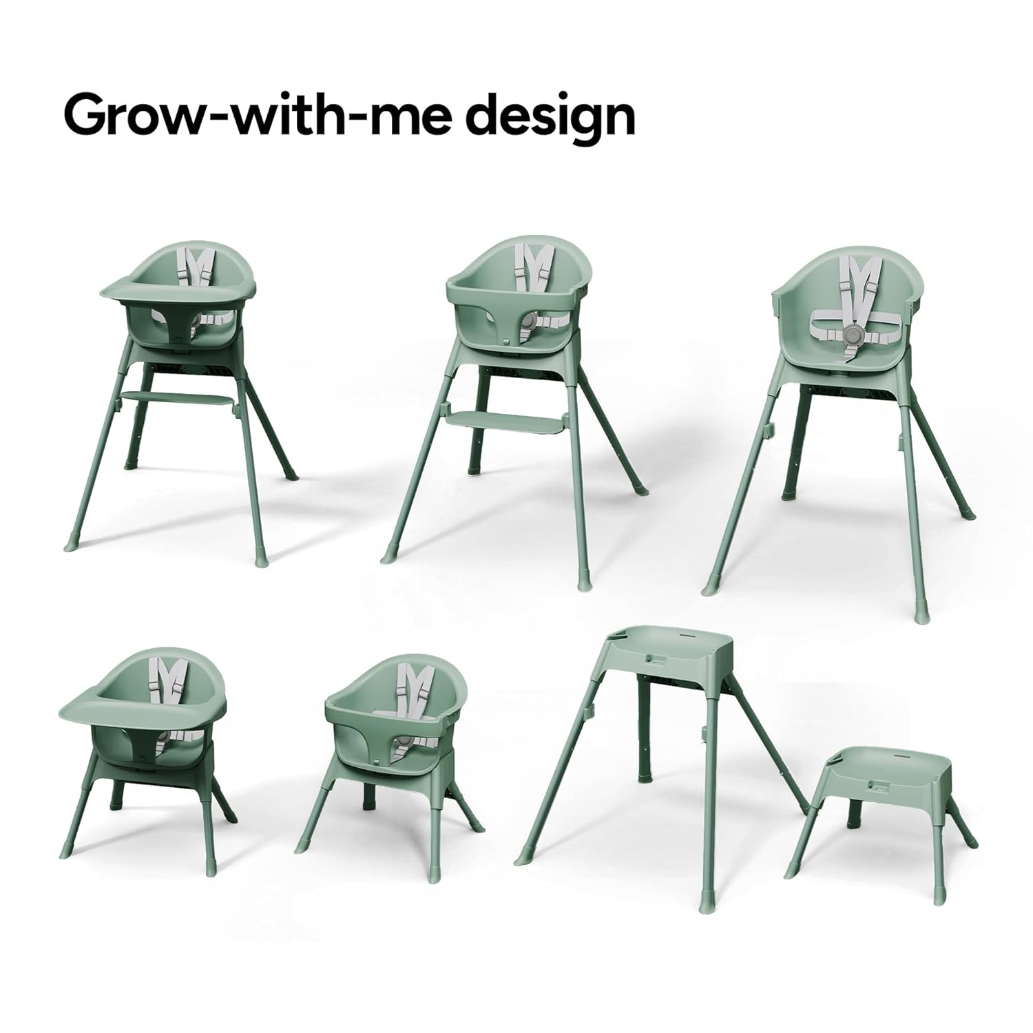 Mompush Olli 7-in-1 Convertible High Chair for Babies and Toddlers – Adjustable Height & Footrest, Dishwasher-Safe Tray, Compact Foldable Design for Easy Storage & Travel, Lightweight Yet Durable