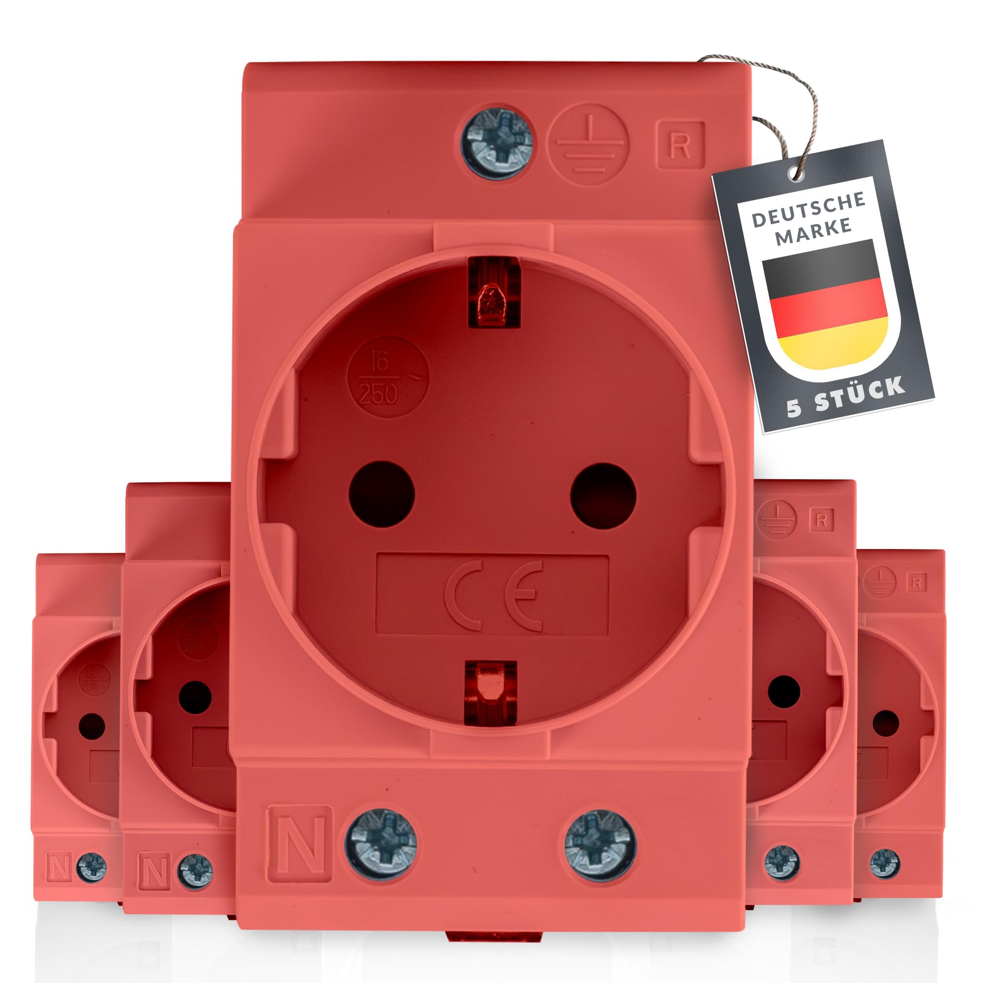 Schuko Steckdose [GS16] für Hutschiene 16A 230V 2P+E – 5er Pack Rot/Orange – Schutzkontaktsteckdose für 35 mm DIN-Schienenmontage – Einbausteckdose für Verteilereinbau & Schaltschrank