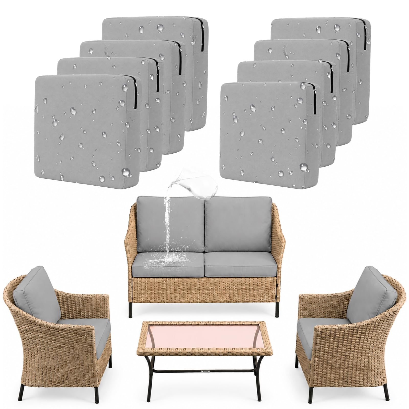 XLSBZ 8Pcs Outdoor Cushion Covers Waterproof Sofa Seat Cushion Cover with Zipper, Replacement Seat Slipcover Furniture Protector for Garden Rattan Sofa (4pcs60×55×10cm+4pcs55×50×10cm,Gray)