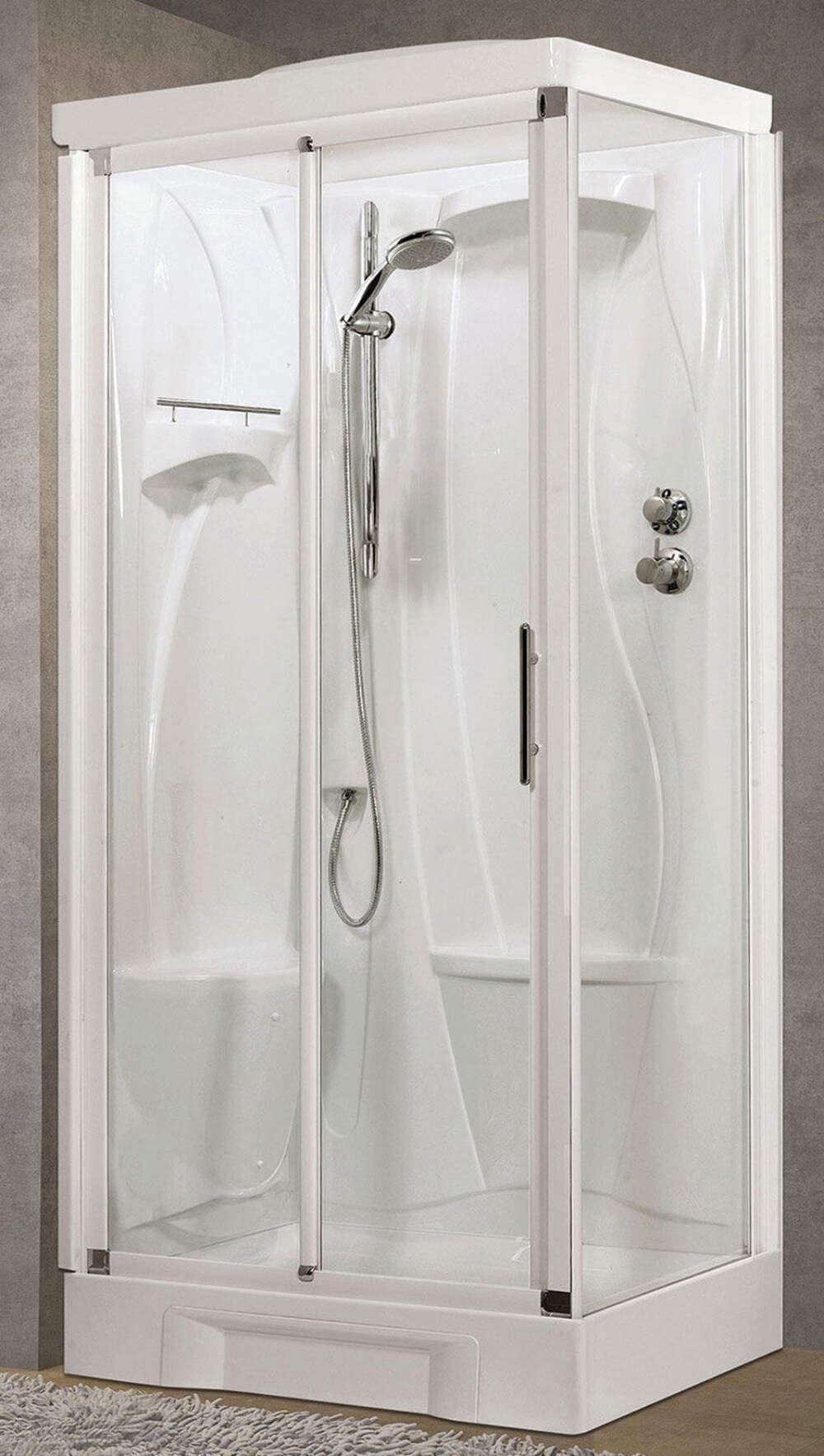 Novellini New Holiday 2P + F Standard - Techo de 100 x 70 cm - Cabina de ducha equipada - 1 puerta corredera - Asiento izquierdo - Mezclador termostático - Cristal transparente - Perfil blanco -