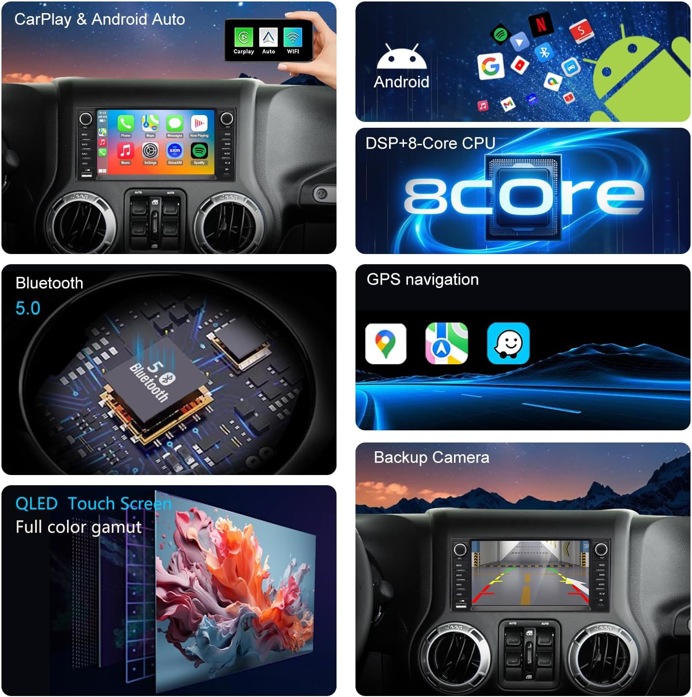 4G LTE QLED Radio for Jeep Wrangler 2007-2018 Chrysler Dodge Ram 1500,Touch Screen 8core Stereo Upgrade,Wireless carplay & Android Auto,Fast Charge,Free Backup Camera
