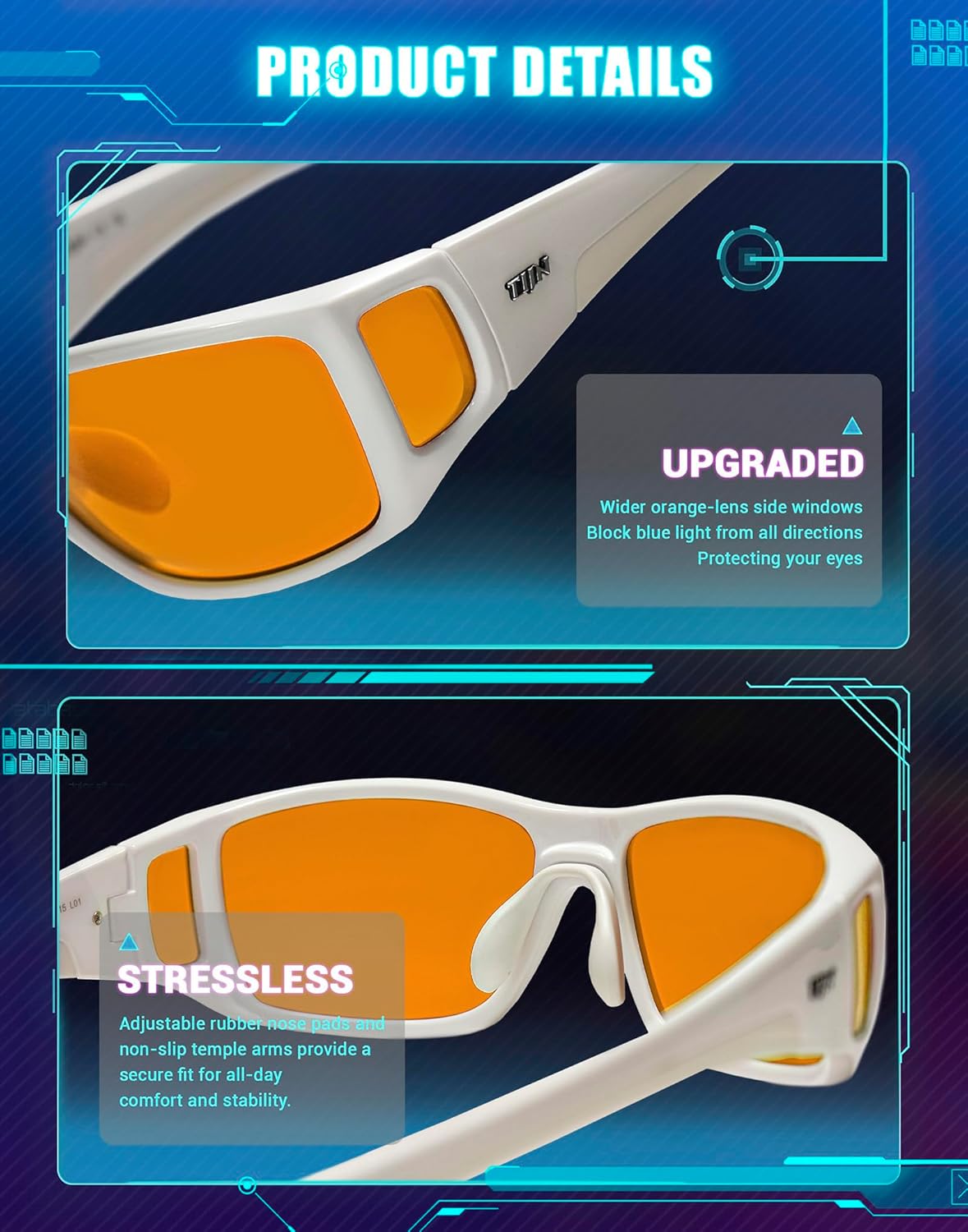 TIJN Sonia Red Sleep Glasses Orange Lens for Blue & Green Light Blocking,Dual AR Coating,Wraparound Frame for Gaming Screen
