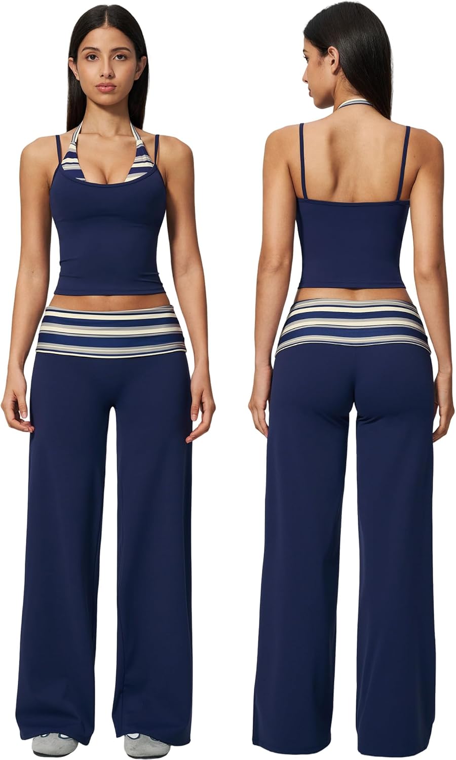 QBGJTD Womens Workout Sets Two Piece Striped Tank Top Wide Leg Yoga Pants Yoga Pilates Outfits