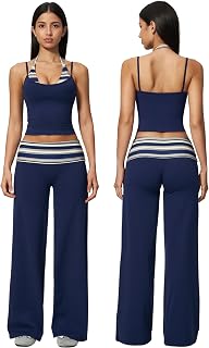 QBGJTD Womens Workout Sets Two Piece Striped Tank Top Wide Leg Yoga Pants Yoga Pilates Outfits