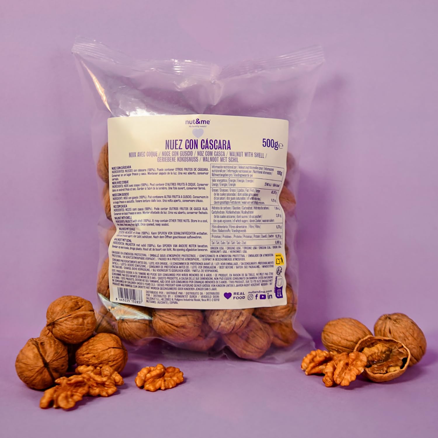 nut&me Nueces con Cáscara 500g | Alto contenido en Omega 3 | Ricas en Antioxidantes | Sin gluten | Snack 100% natural | Sin conservantes