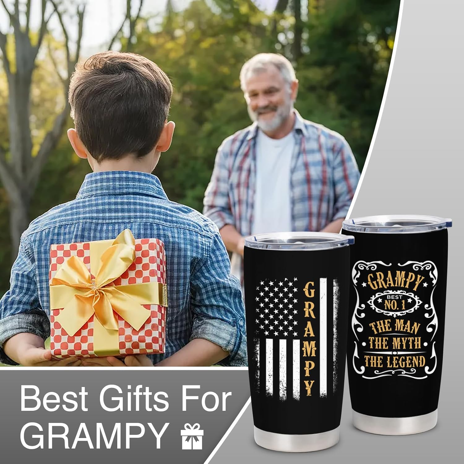 Grampy Gifts - Birthday Gifts for Grampy - Grandpa Gift from Grandchildren - Best Grampy Ever Gift, 20 oz Stainless Steel Tumbler With Lid & Straw - Image 3