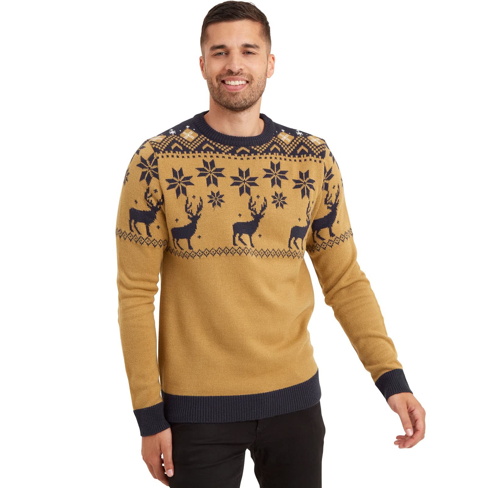 SnuggarooMens Reindeer Knitted Fair Isle Christmas Jumper - Tan/Dark Navy - M