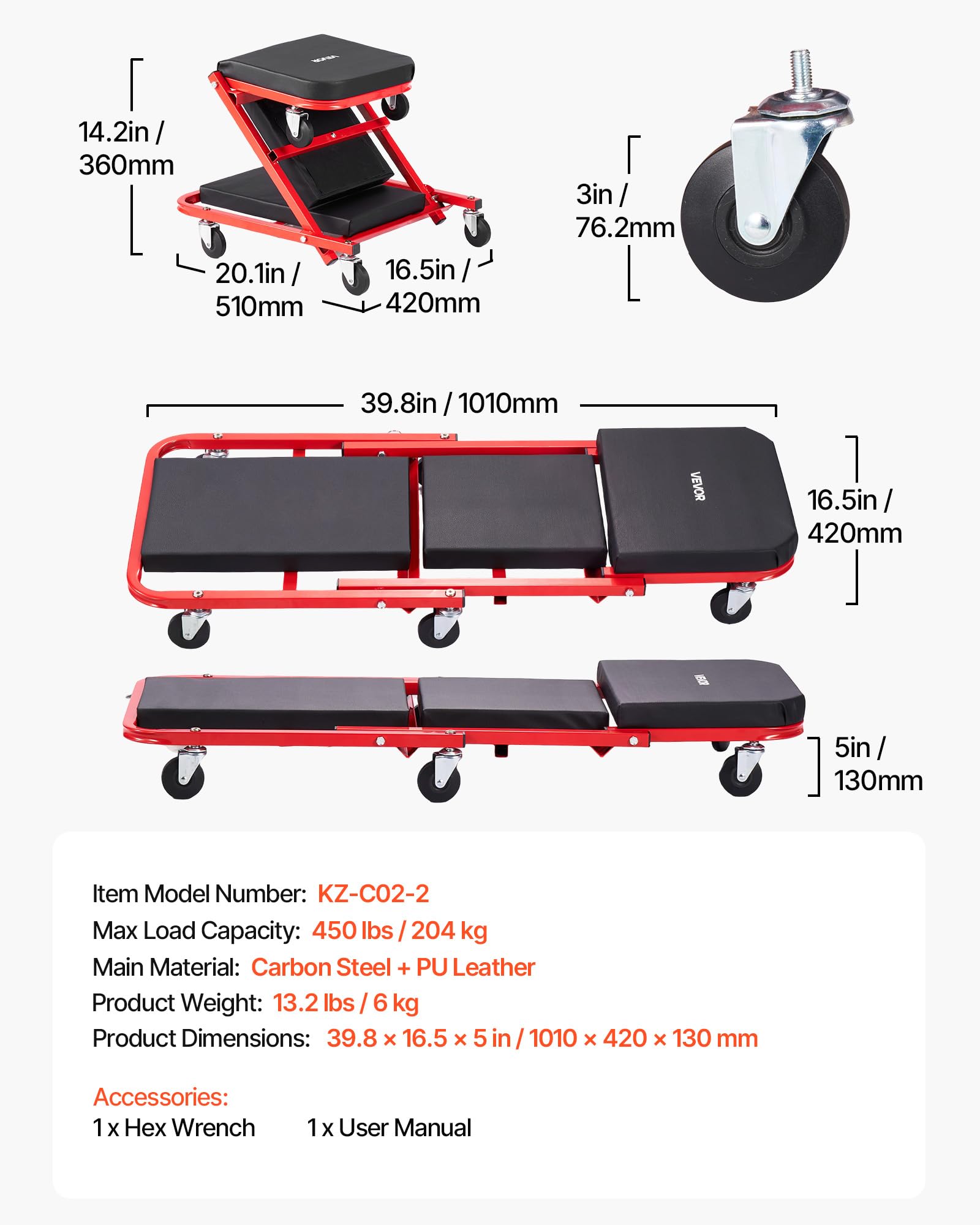 VEVOR Lettino Pieghevole sotto Auto Carico 204 kg con 6 Ruote Piroettanti, Sdraio da Meccanico Pieghevole 1010 mm Poggiatesta sotto Veicoli Riparazioni Auto da Officina Garage, Acciaio al Carbonio