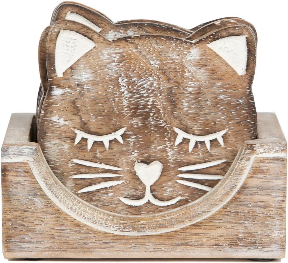 Sass & Belle Wooden Brown Carved Cat Coaster - Set of 6