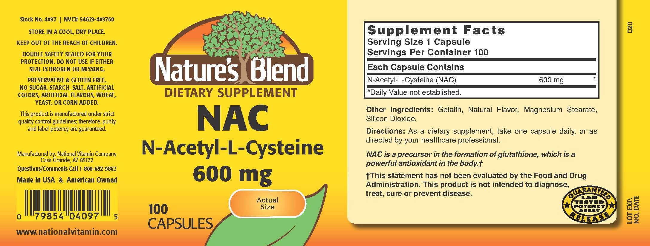 Nature's Blend NAC Supplement N-Acetyl-L-Cysteine 600mg 100 Capsules - Immune Support, Antioxidant for Cellular Health