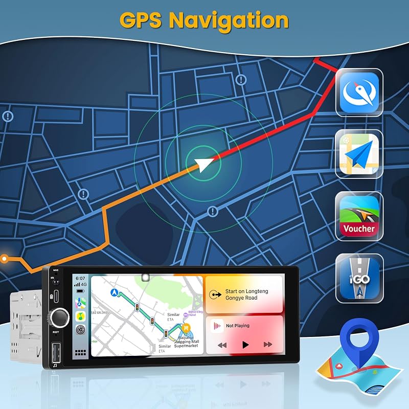 Hikity 1 DIN Autórádió 6.9" Érintőképernyővel - Vezeték Nélküli CarPlay, Android Auto, Bluetooth Kihangosító, Tolatókamera Bemenet, FM Rádió