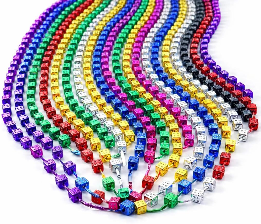 Bunco Dice Bead Necklaces – 12 Total Necklaces (33” Long) with 7.5MM Dice Beads, Assorted Mardi Gras Colors, Fun Bunco Prizes for Ladies Night, Casino Party & Group Events
