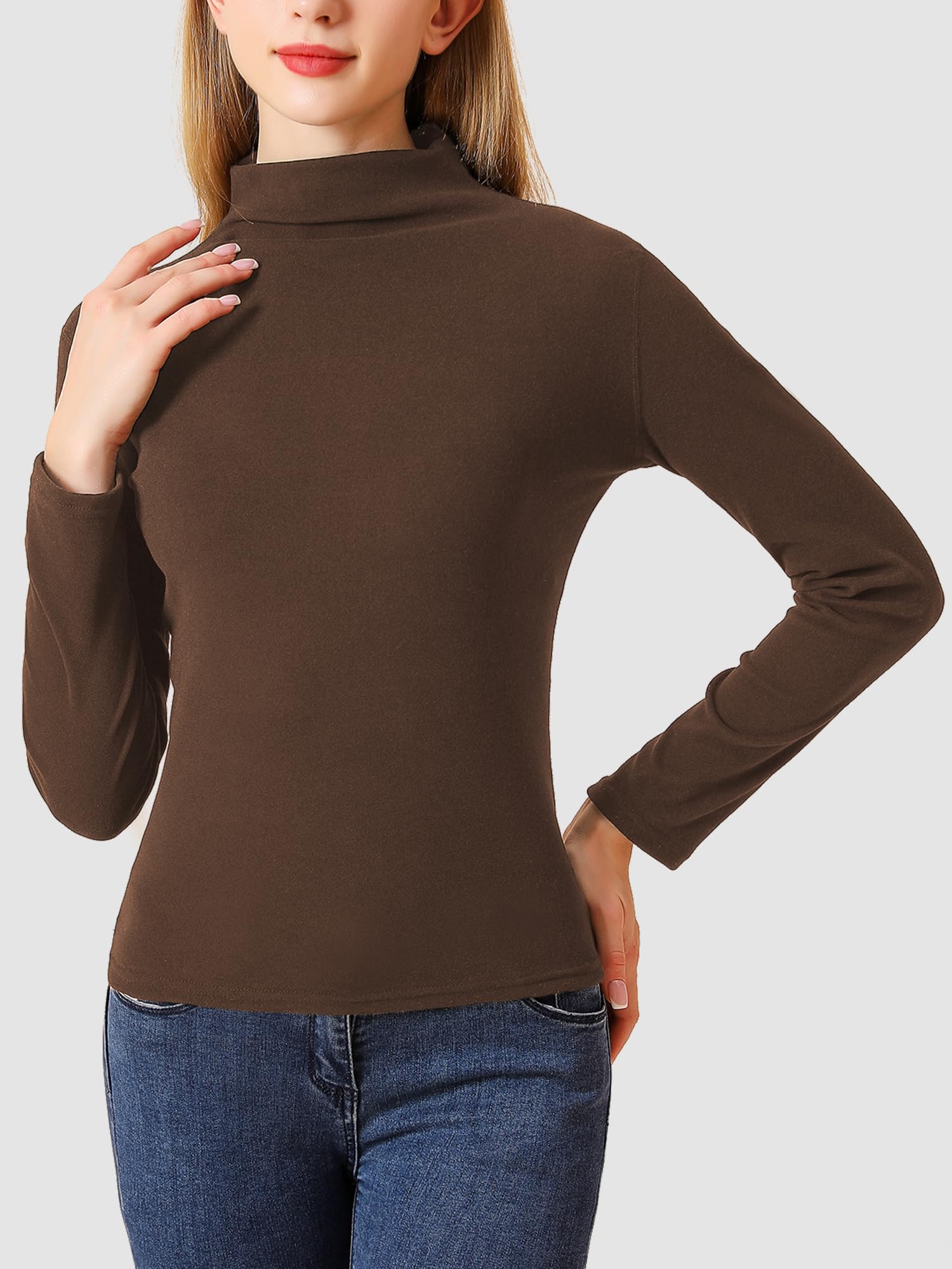 MS.ING Women's Mock Turtleneck Shirt Long Sleeve Fitted Thermal Shirts Basic Layer Tops(US, Alpha, Medium, Regular, Regular, Brown)