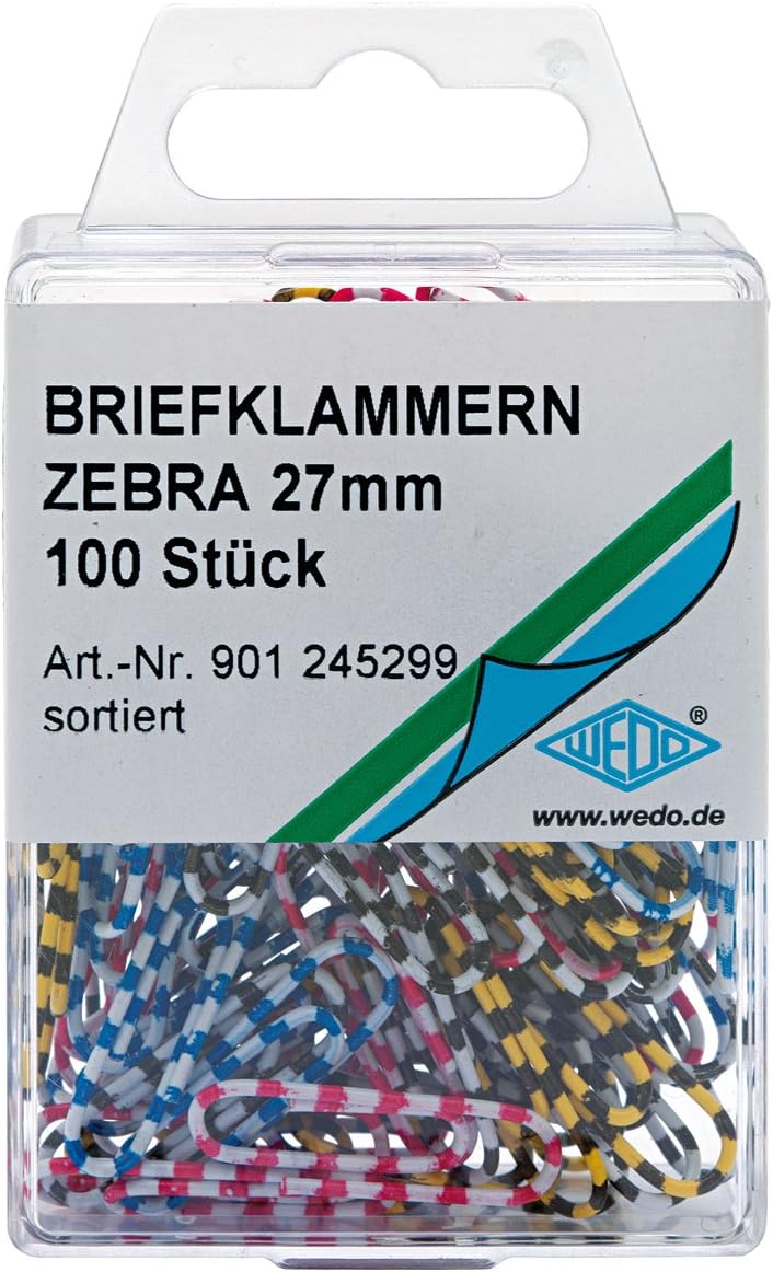 Wedo 901245299 Paper Clips Zebra Metal with Striped Plastic Cover 27 mm Pack of 100 Assorted Colours, 100 Stück