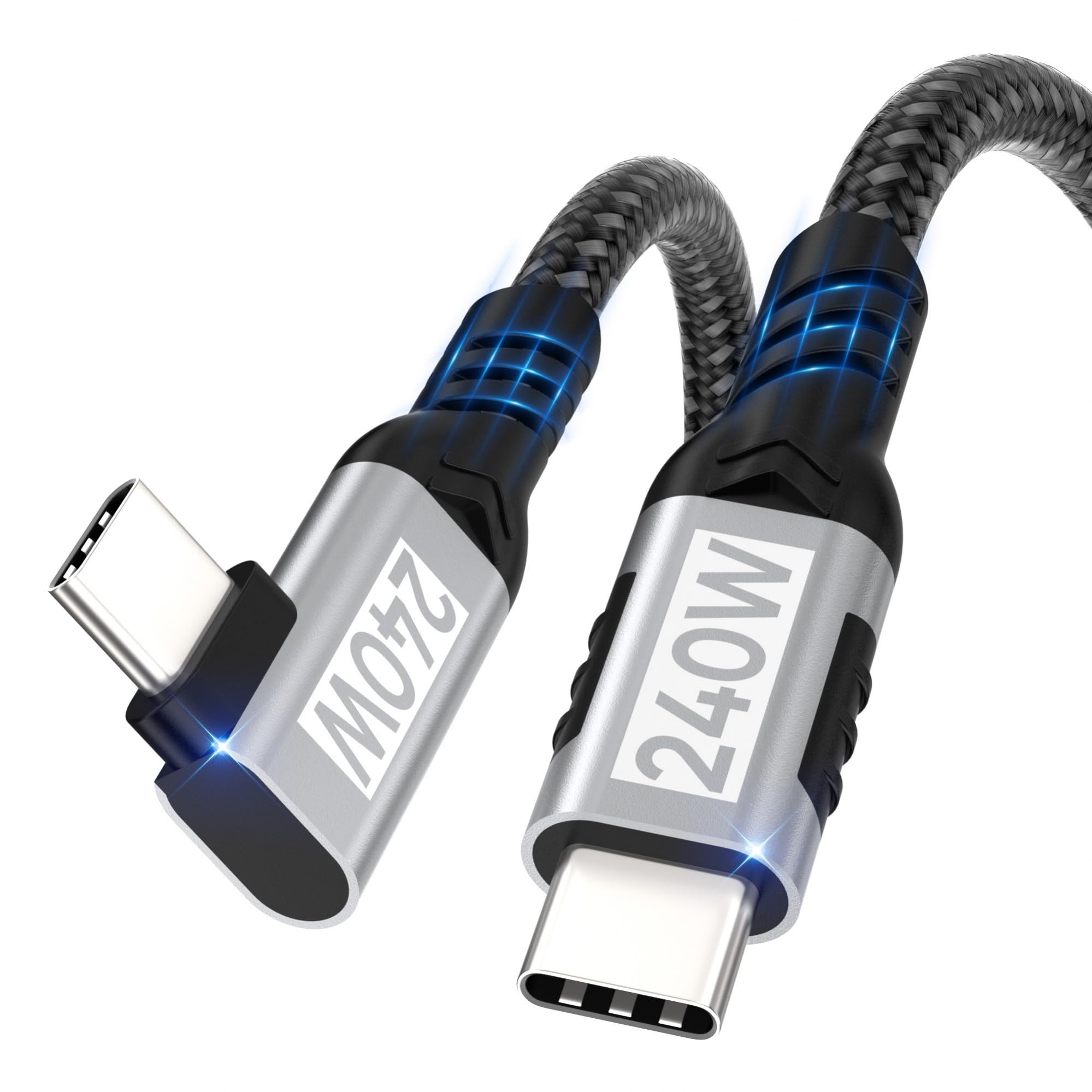 woednx USB C auf USB C Kabel, [240W 48V/5A] Rechter Winkel Nylon Geflochten PD3.1 90 Grad Schnellladekabel