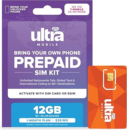 Ultra Mobile Prepaid Phone Plan with Unlimited Talk, Text, & 12GB of 5G • 4G LTE Data for 1 Month