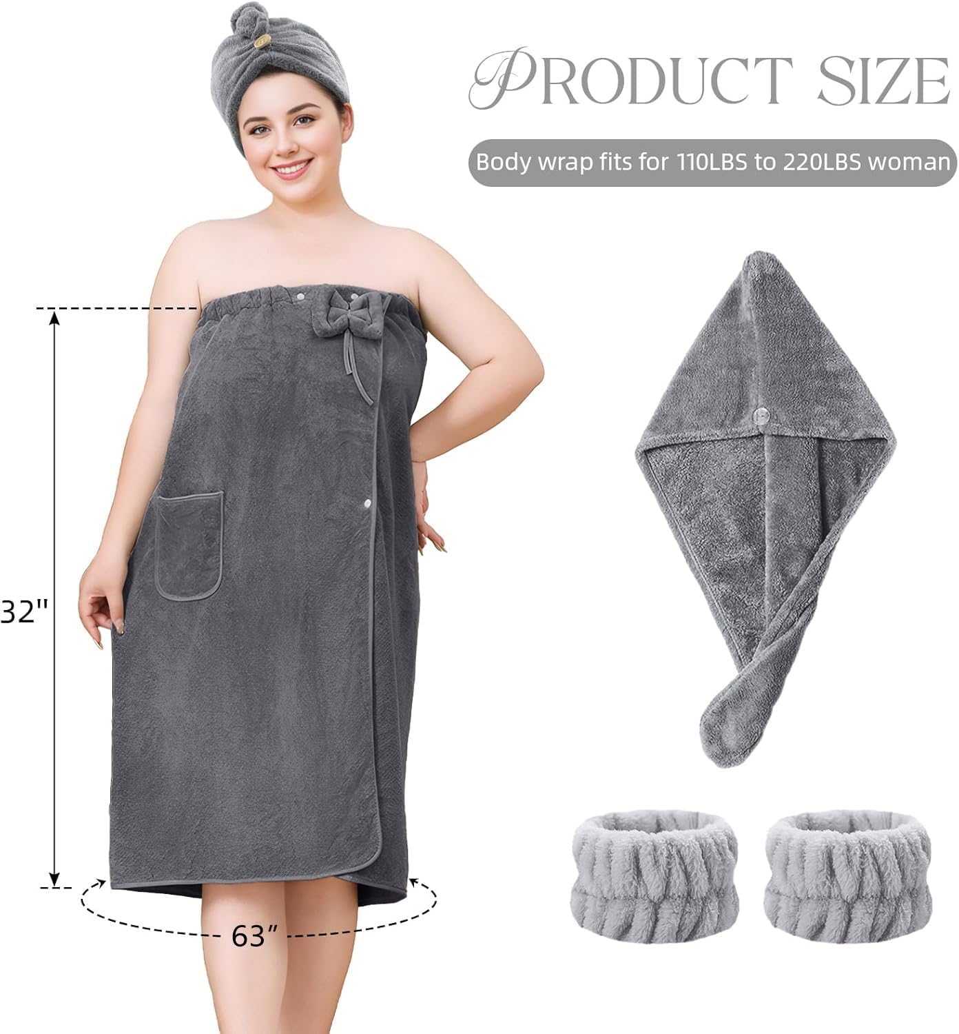 Defresit Towel Wrap for Women Plus Size-Wearable Shower Towel Wrap with Hair Towel Wristbands Closure Elastic Top Soft Adjustable Microfiber Dress Towel Spa Wraps for Women’s Bathrobe（Grey）