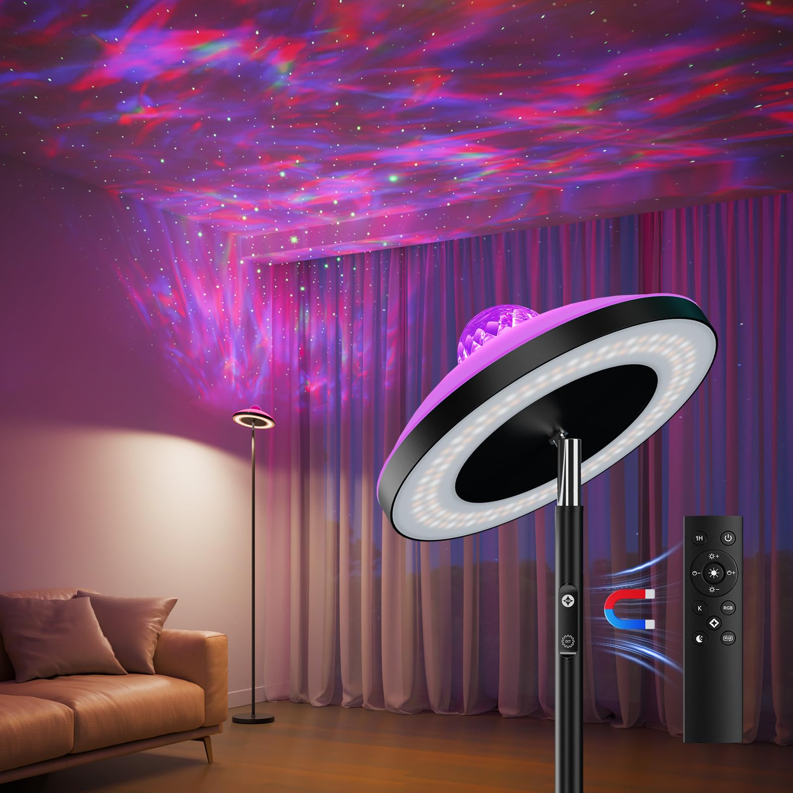 DUSKTEC Uplighter Floor Lamp with Aurora Projector, Dimmable LED Floor Standing Reading Lamps Remote & Touch Control, Black Corner Ambient Lamp, Mood Lighting Night Light for Living Room, Kids Bedroom