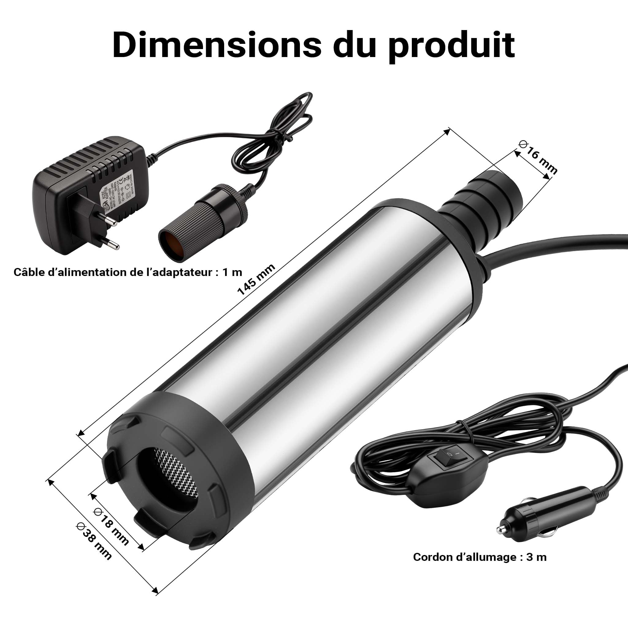 Wiltec Mini pompe à Gasoil et Eau – 12 V / 20 W / 12-15 l/min 8500 tr/min – Submersible – avec Câble et sonde – Pour Vidange de liquide Extraction Drainage