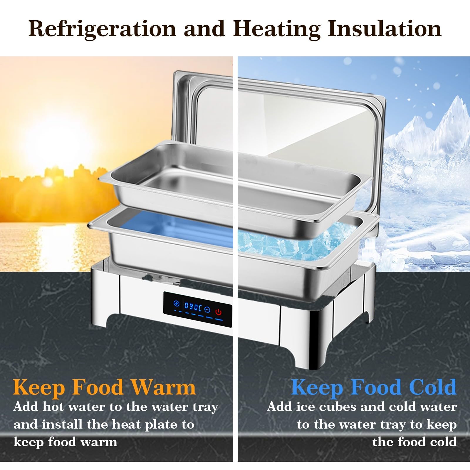 Chafing Dish Elettrico, 9L Scaldavivande Elettrico per Buffet Acciaio Inox, Chafing Dish Buffet Elettrico Temperatura Regolabile con Coperchio in Vetro Trasparente per Buffet(B, 1/3 Pan)