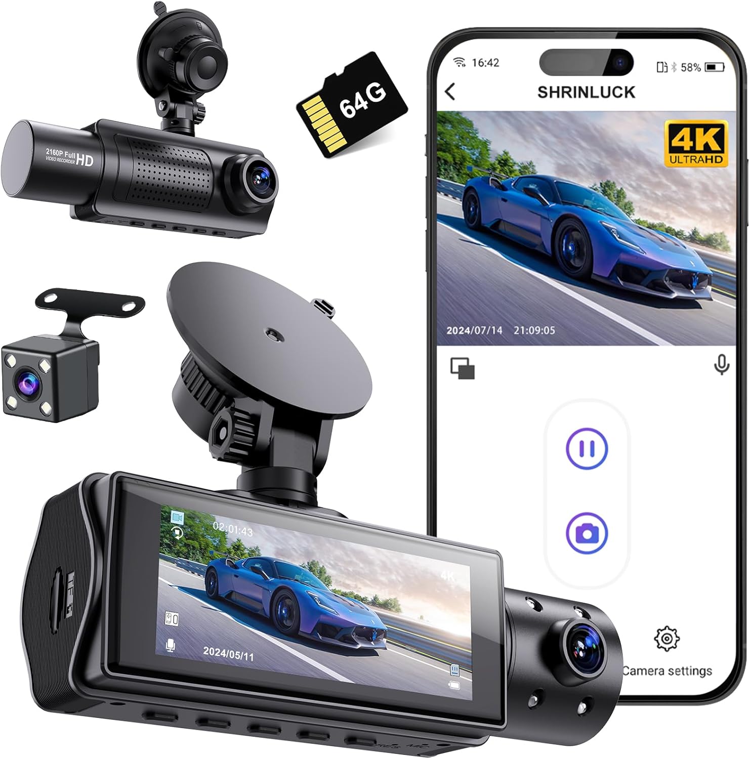 Miden X5 4K WiFi Dash Cam Front and Rear Inside, 2160P+1080P+1080P FHD 3 Channel Dash Camera for Cars, 360° All Sides Dashcam, Free 64G SD Card, G-Sensor, WDR, Night Vision, 24H Parking Monitor D001
