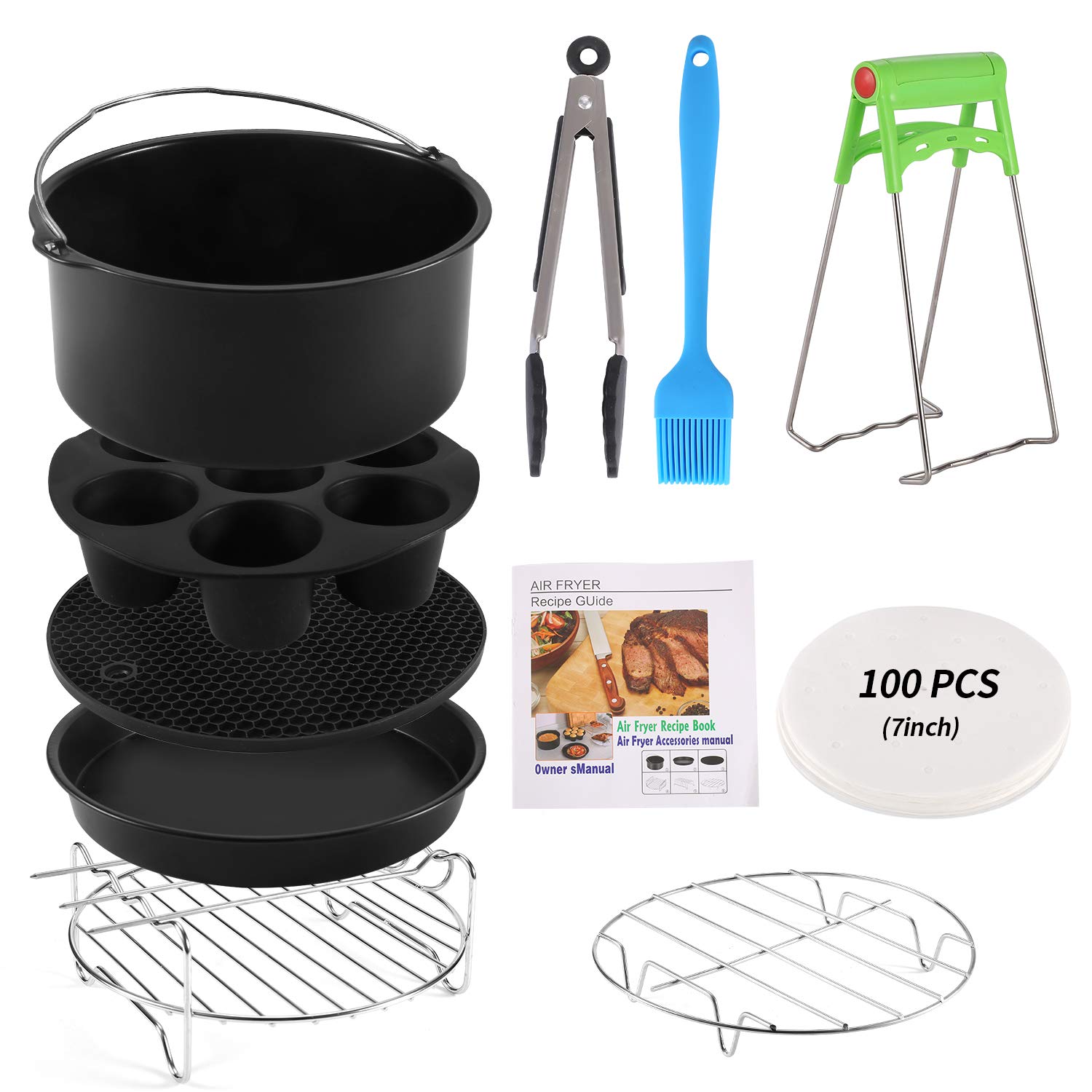 Round Air Fryer Accessories 11 pcs with Recipe Cookbook Deep Fryer Accessories Set Compatible for Philips Air Fryer, COSORI and other Square Air Fryers and Oven (8Inch)