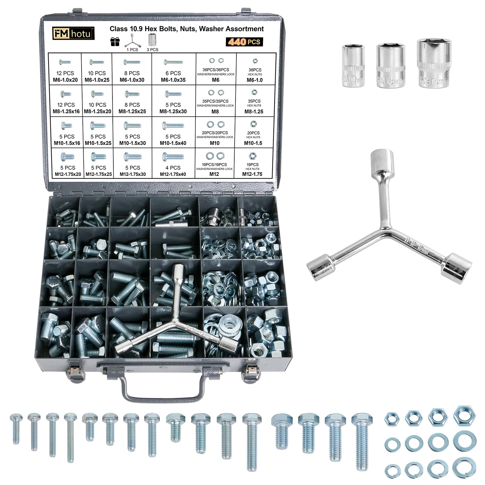 FMhotu 440Pcs Nuts and Bolts Assortment Kit, Metric Grade 10.9 Hex Bolts Nuts Washers Set, M6 M8 M10 M12,16 Sizes, Comes with 1 Y-Wrench and 3 Bits THLSTZ440pcs